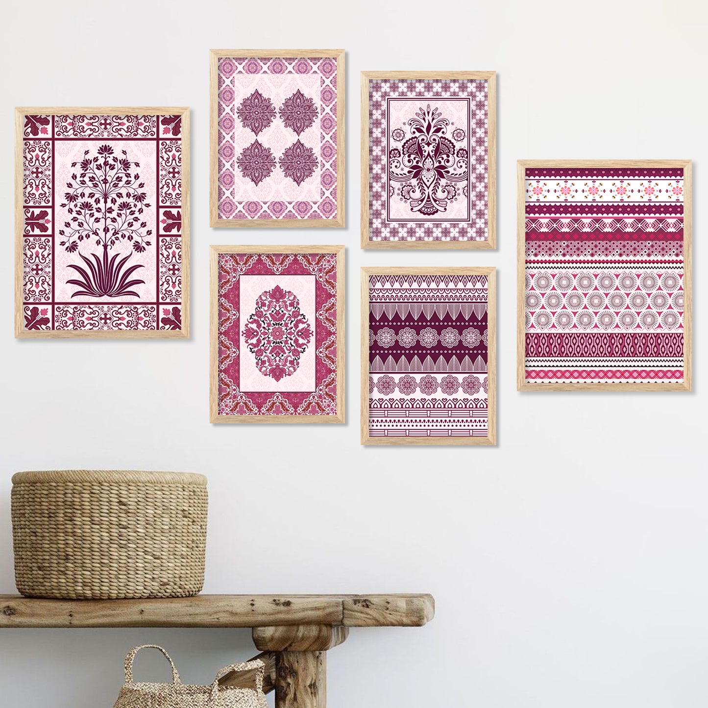 Traditional Indian Prints with Frame for Living Room Bedroom Home and Office Wall Decor Set of 6