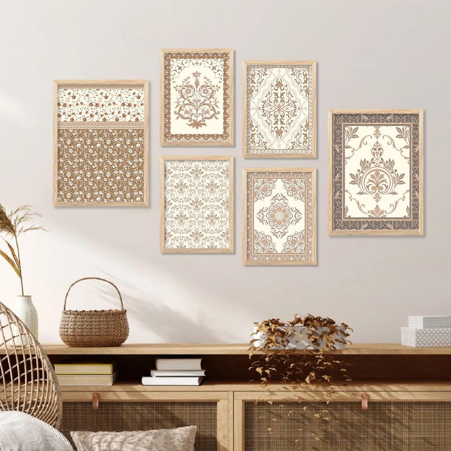 Traditional Indian Prints with Frame for Living Room Bedroom Home and Office Wall Decor Set of 6