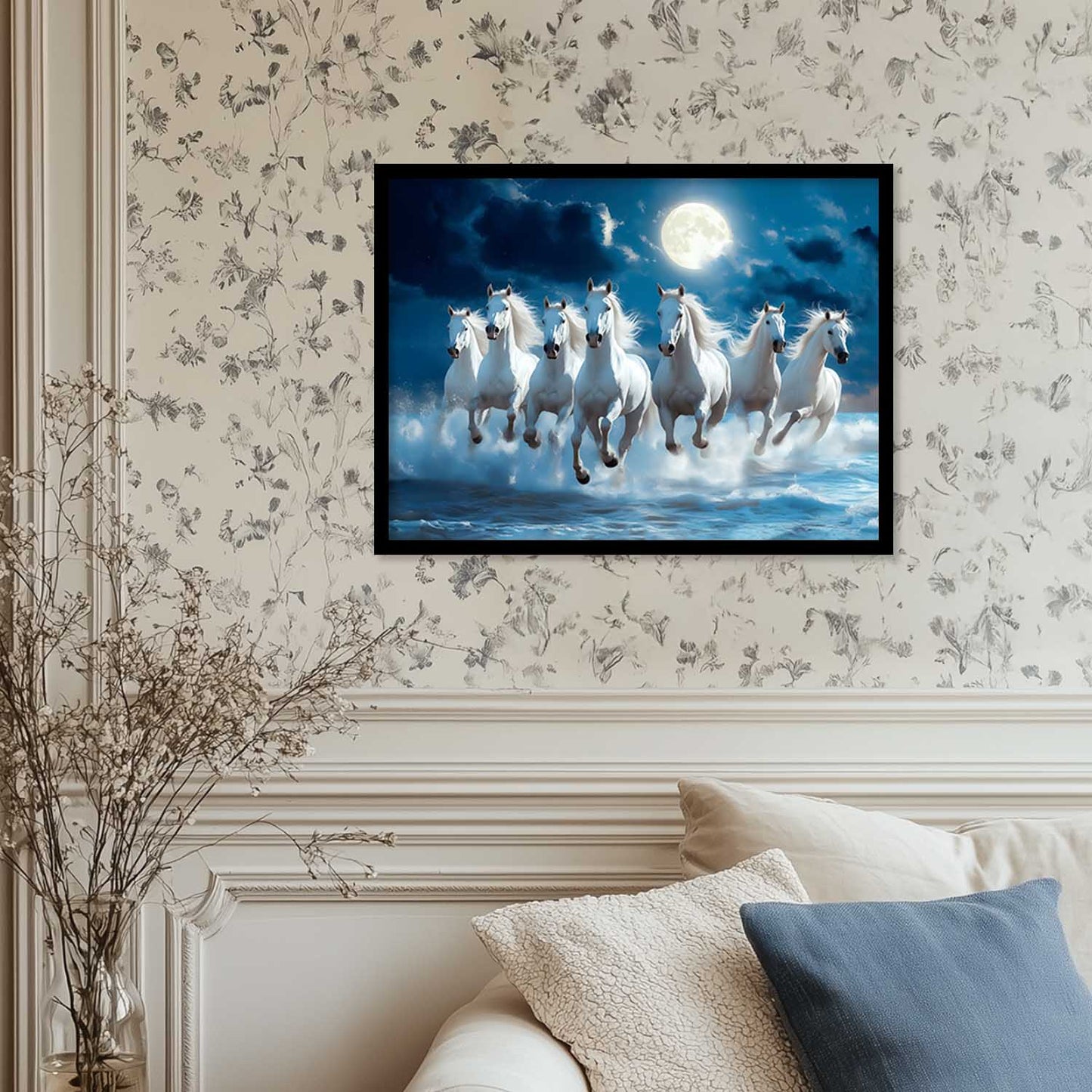 Seven Running Vastu Lucky Horse Theme Wall Posters with Frame