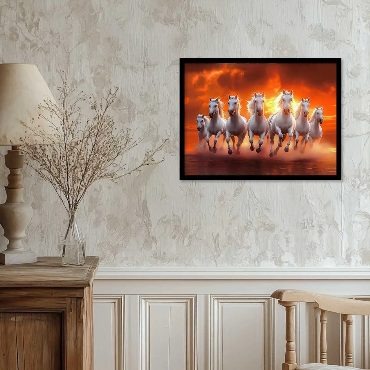 Seven Running Vastu Lucky Horse Theme Wall Posters with Frame