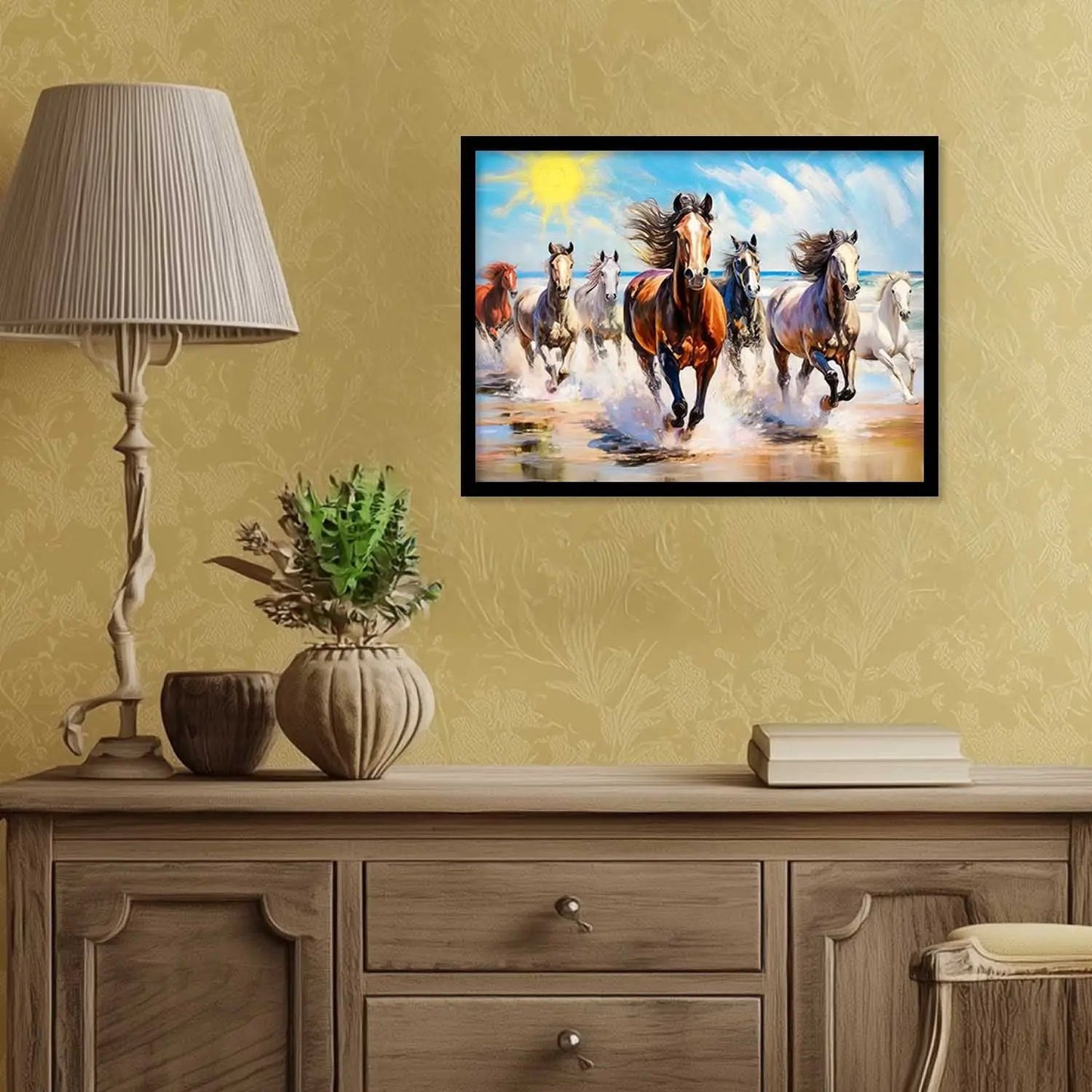 Seven Running Vastu Lucky Horse Theme Wall Posters with Frame