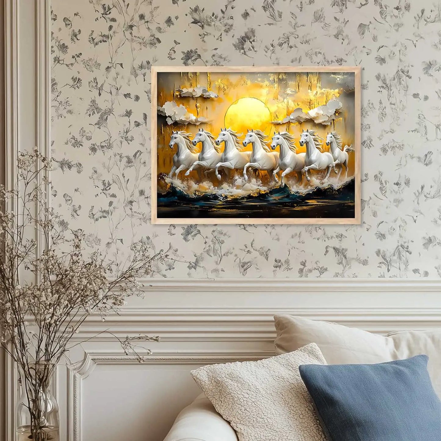 Seven Running Vastu Lucky Horse Theme Wall Posters with Frame