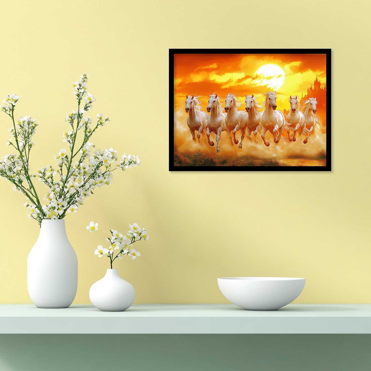 Seven Running Vastu Lucky Horse Theme Wall Posters with Frame