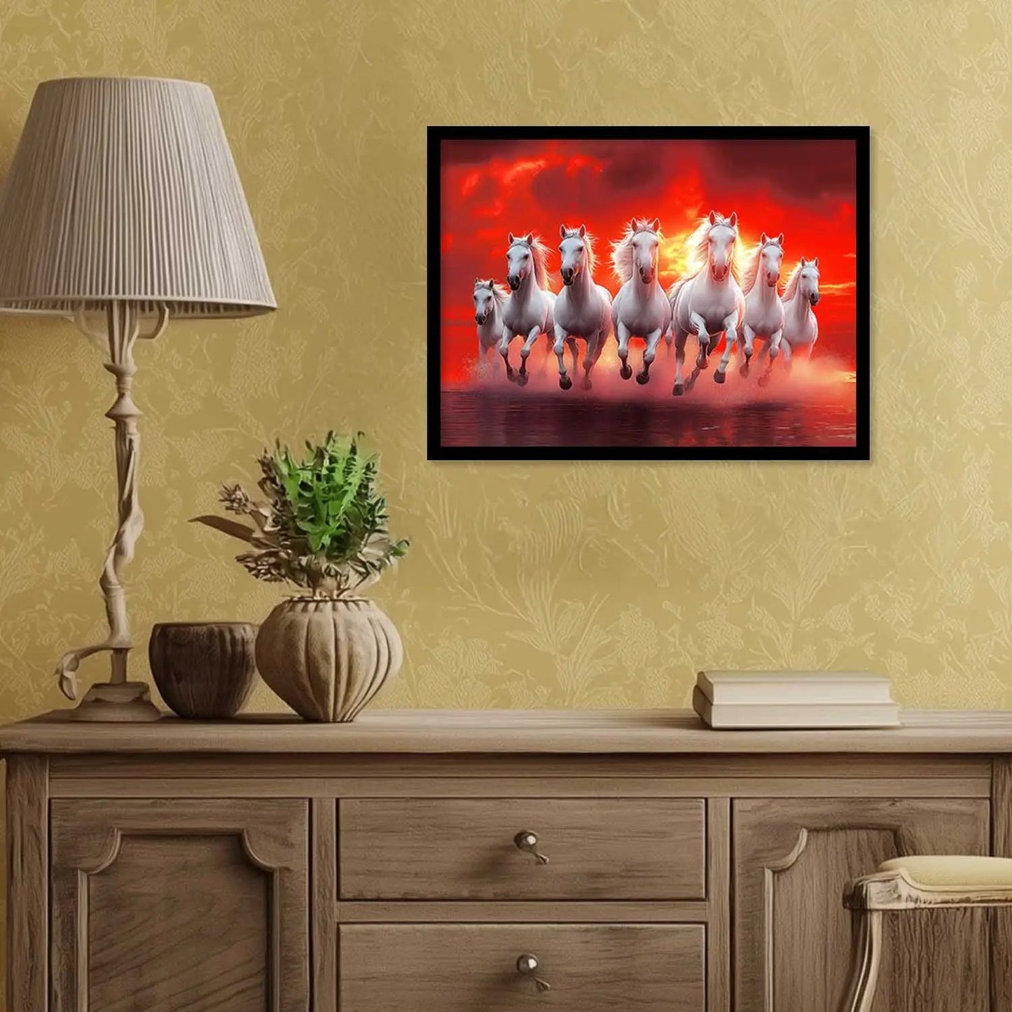 Seven Running Vastu Lucky Horse Theme Wall Posters with Frame