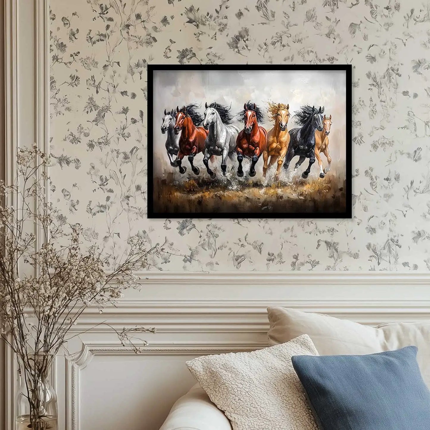 Seven Running Vastu Lucky Horse Theme Wall Posters with Frame