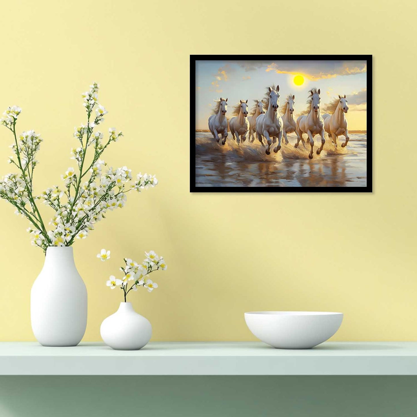 Seven Running Vastu Lucky Horse Theme Wall Posters with Frame