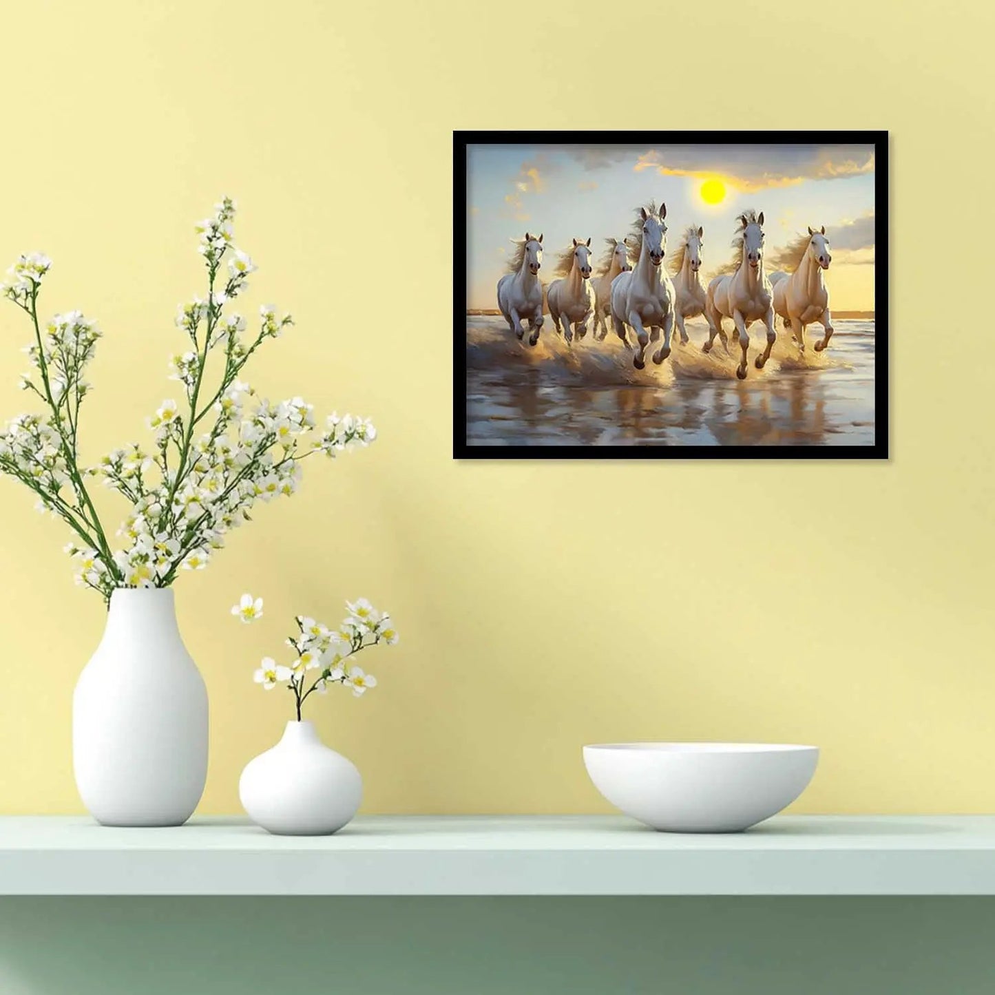 Seven Running Vastu Lucky Horse Theme Wall Posters with Frame