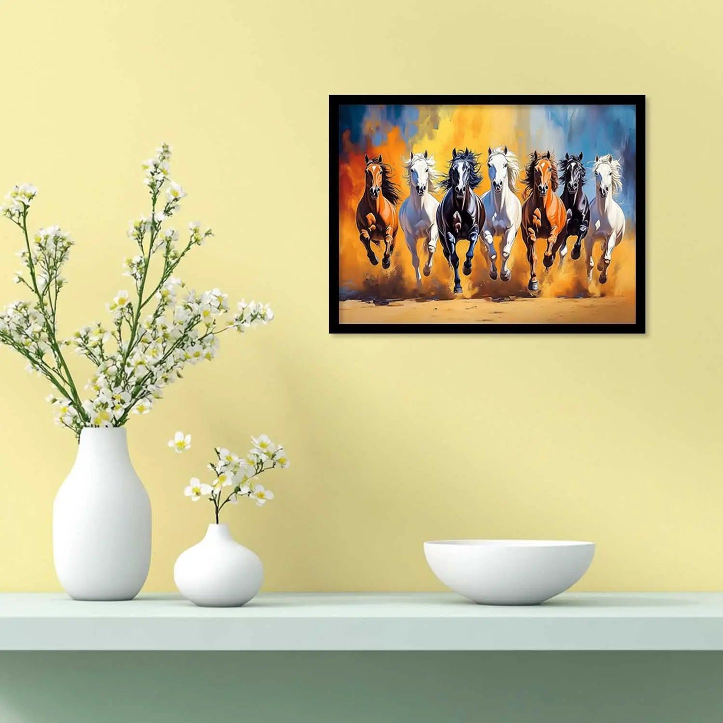 Seven Running Vastu Lucky Horse Theme Wall Posters with Frame