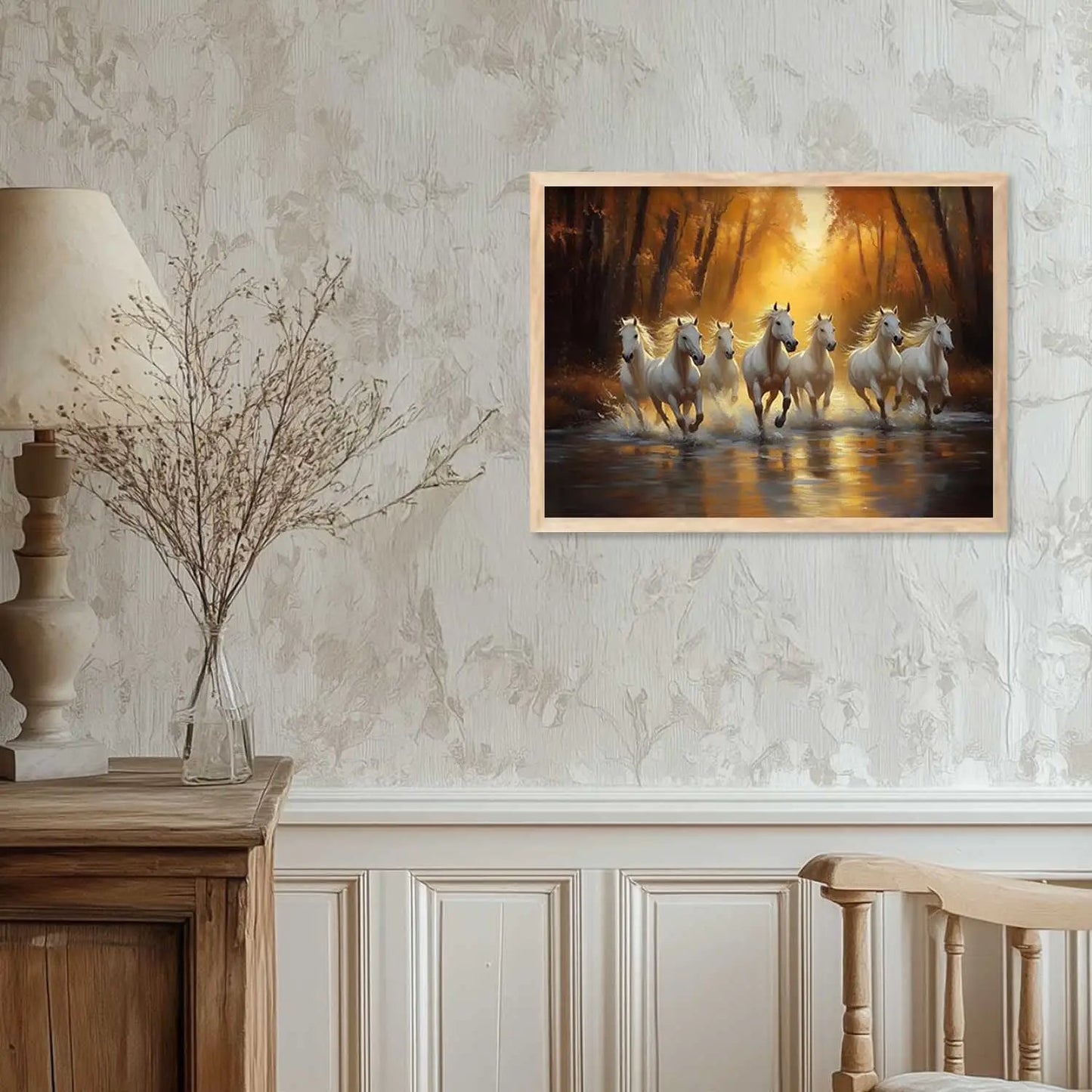 Seven Running Vastu Lucky Horse Theme Wall Posters with Frame