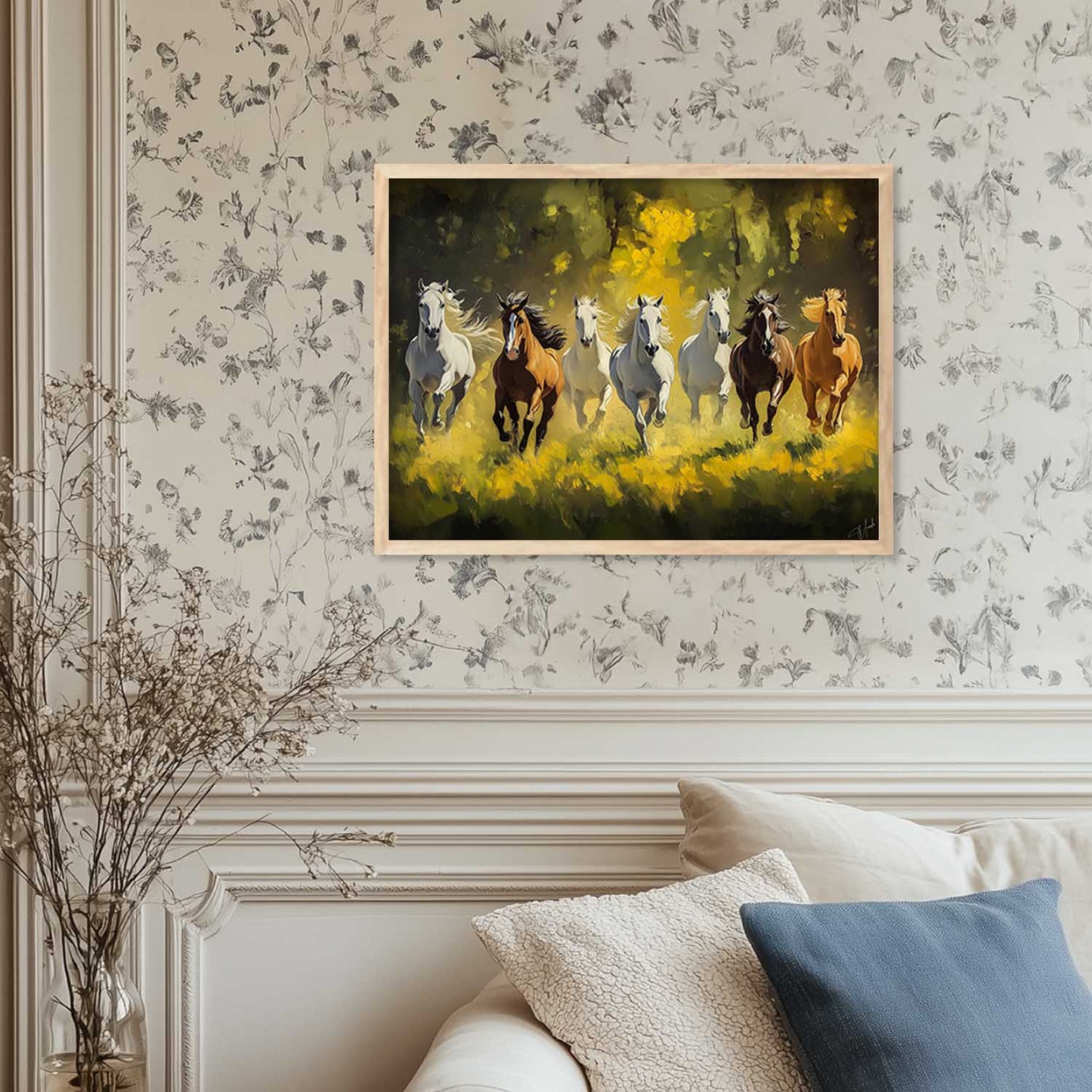Seven Running Vastu Lucky Horse Theme Wall Posters with Frame