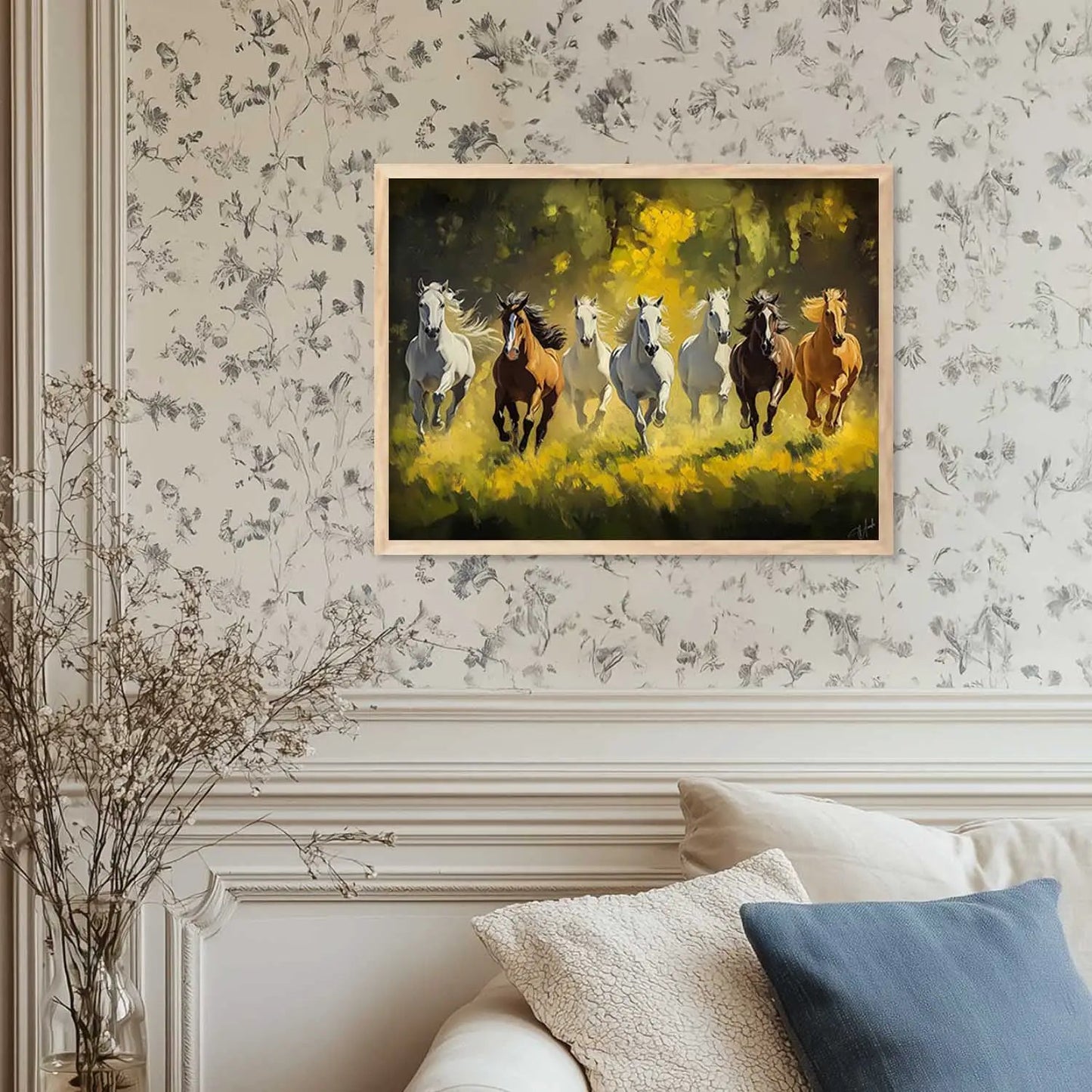 Seven Running Vastu Lucky Horse Theme Wall Posters with Frame