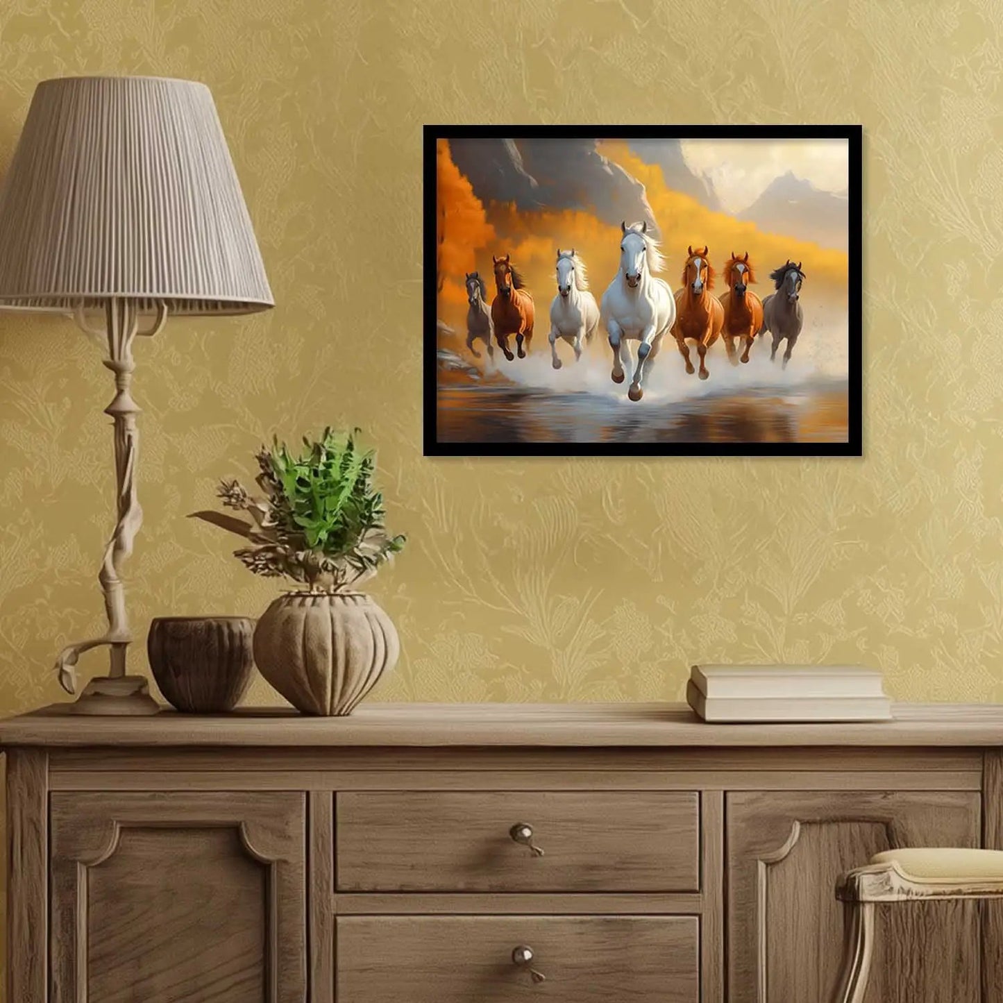 Seven Running Vastu Lucky Horse Theme Wall Posters with Frame