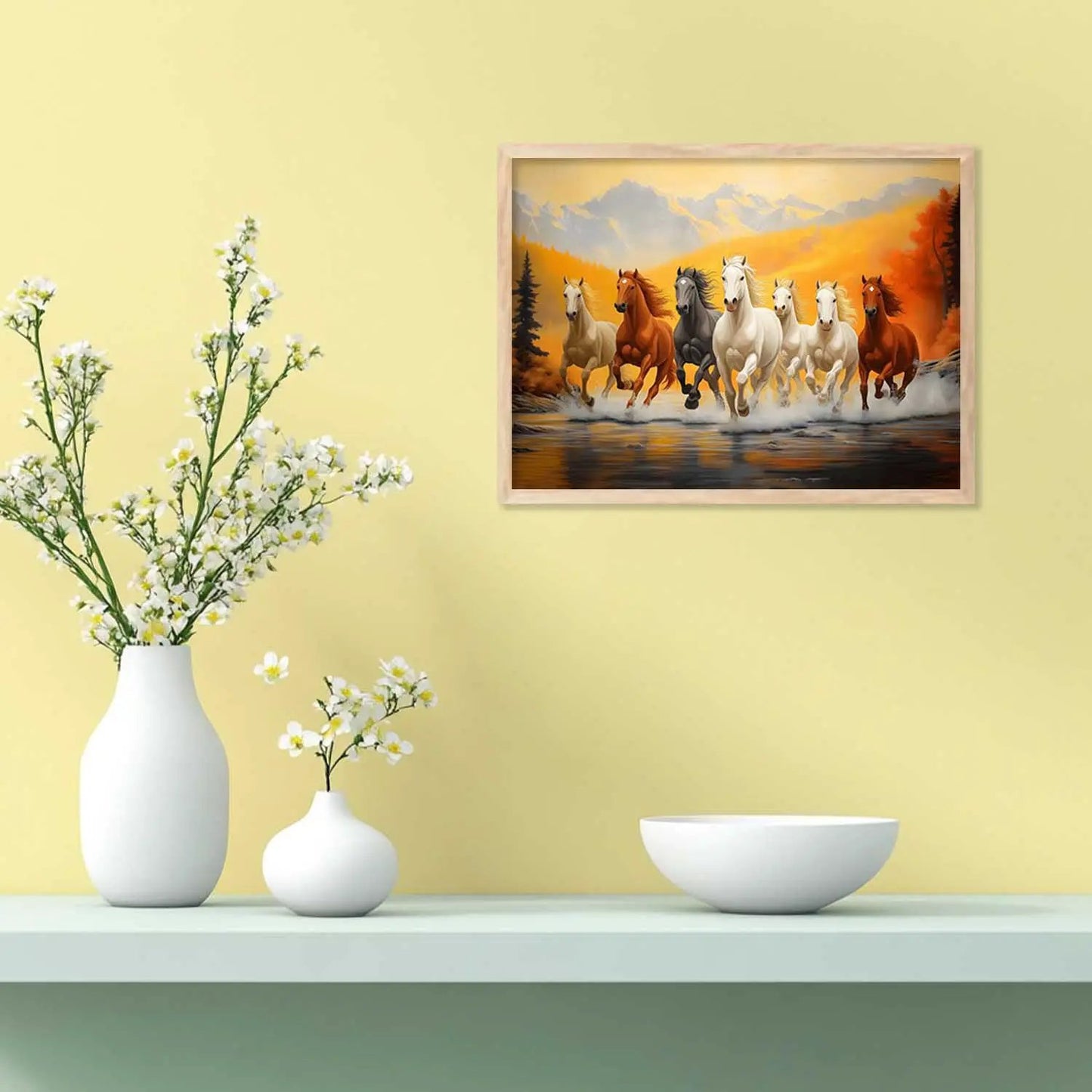 Seven Running Vastu Lucky Horse Theme Wall Posters with Frame