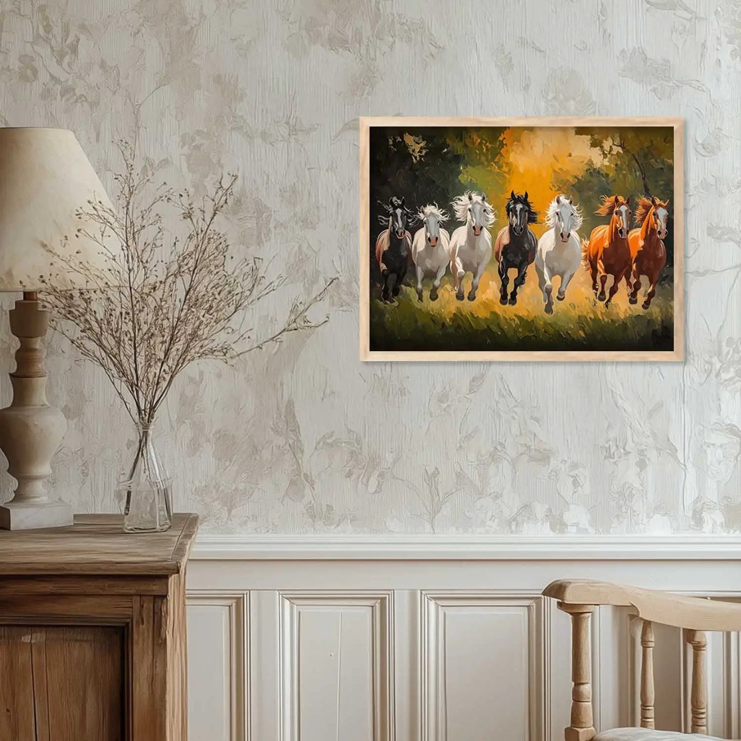 Seven Running Vastu Lucky Horse Theme Wall Posters with Frame