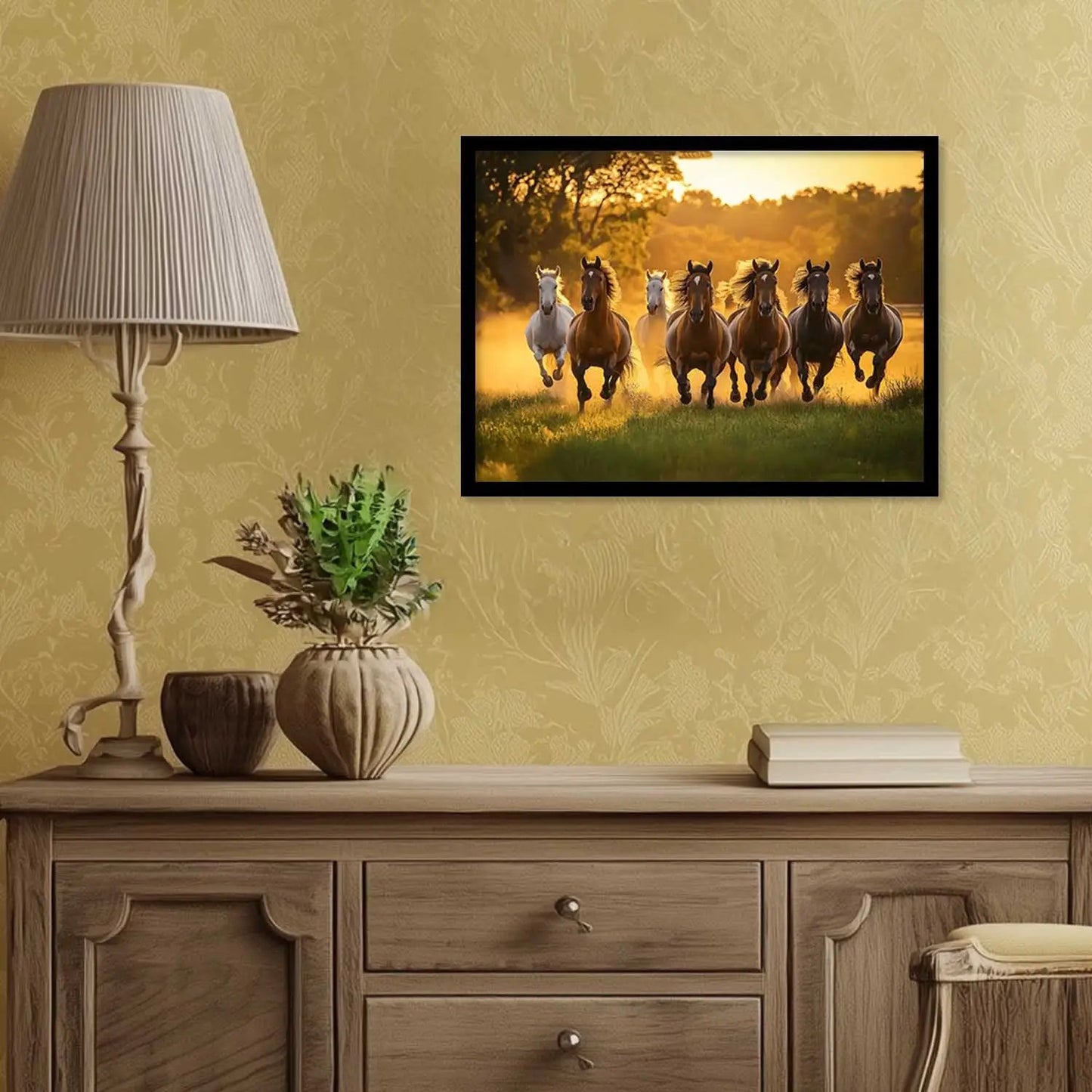 Seven Running Vastu Lucky Horse Theme Wall Posters with Frame