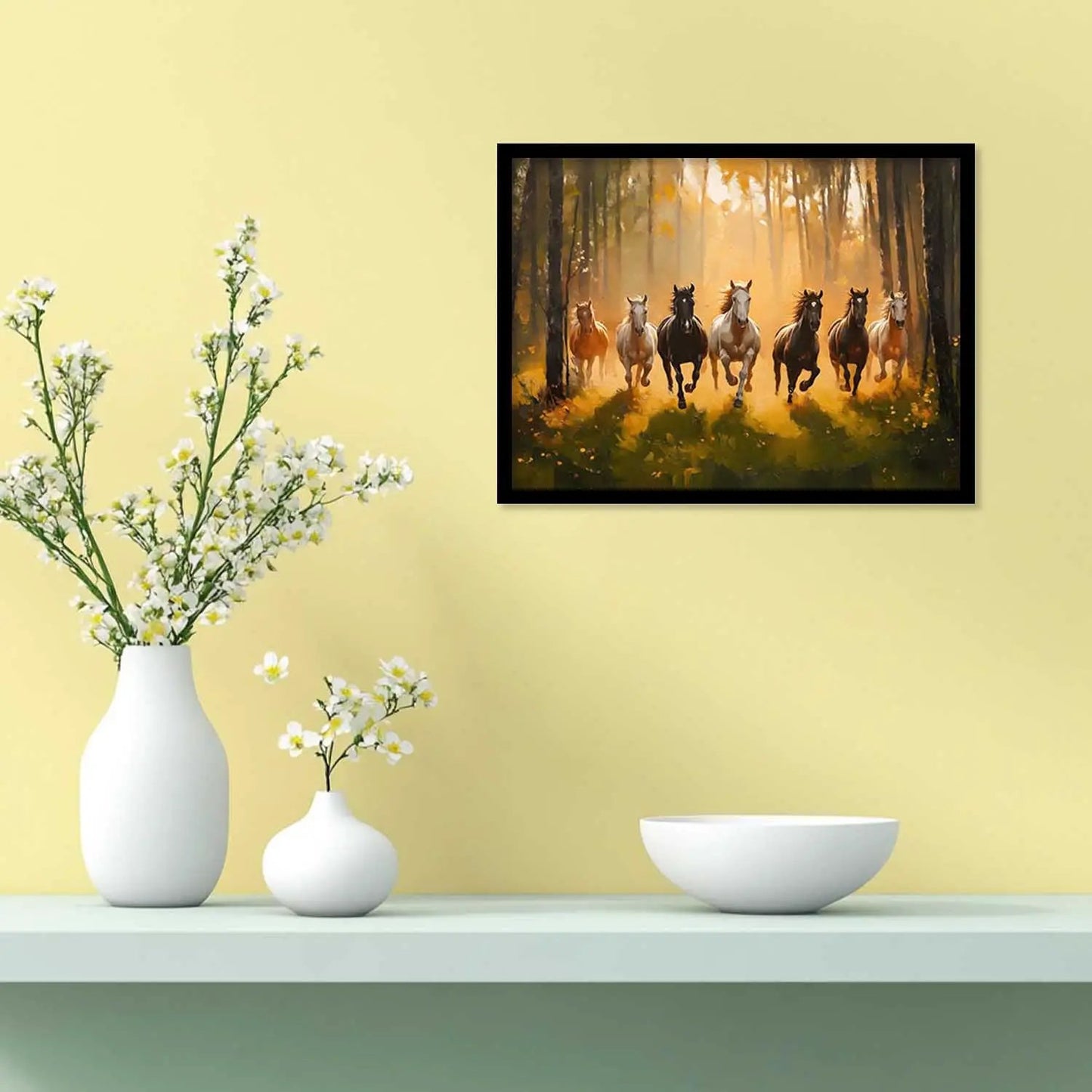 Seven Running Vastu Lucky Horse Theme Wall Posters with Frame