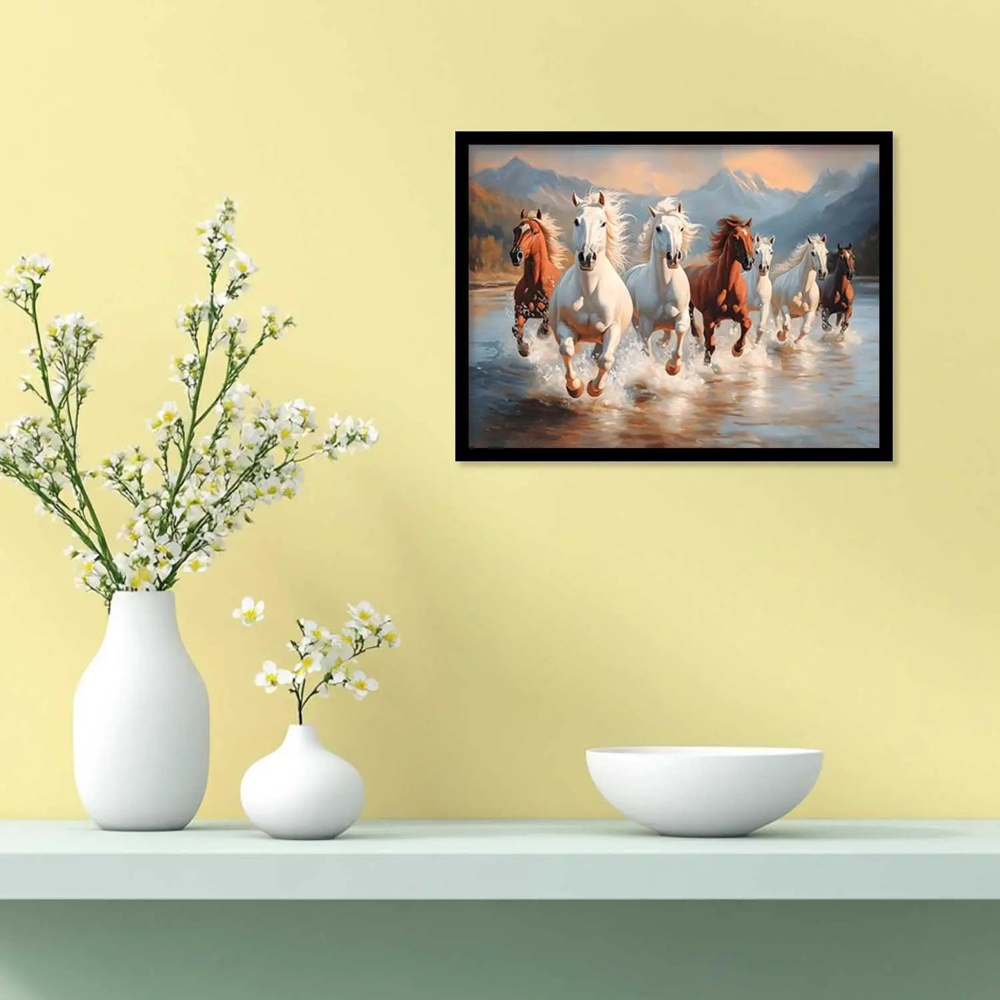 Seven Running Vastu Lucky Horse Theme Wall Posters with Frame