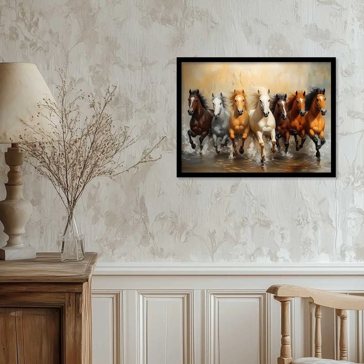 Seven Running Vastu Lucky Horse Theme Wall Posters with Frame