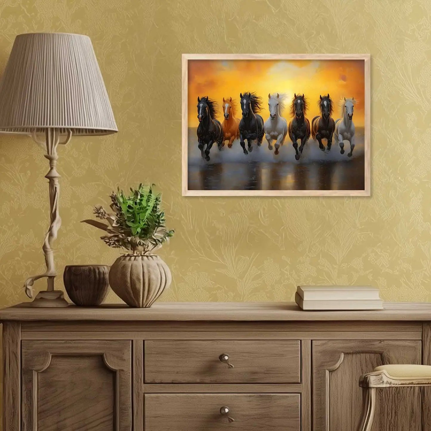 Seven Running Vastu Lucky Horse Theme Wall Posters with Frame