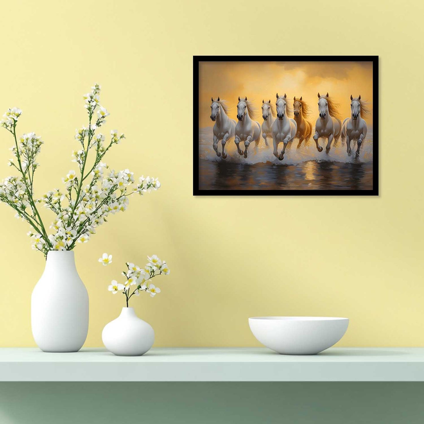 Seven Running Vastu Lucky Horse Theme Wall Posters with Frame