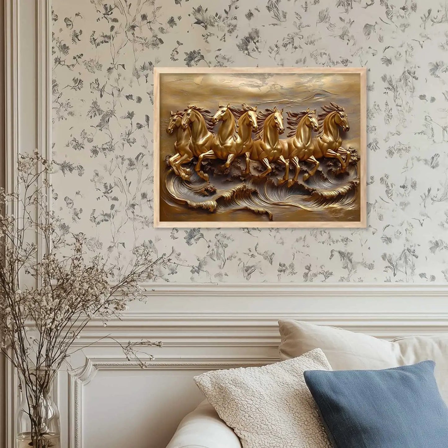 Seven Running Vastu Lucky Horse Theme Wall Posters with Frame