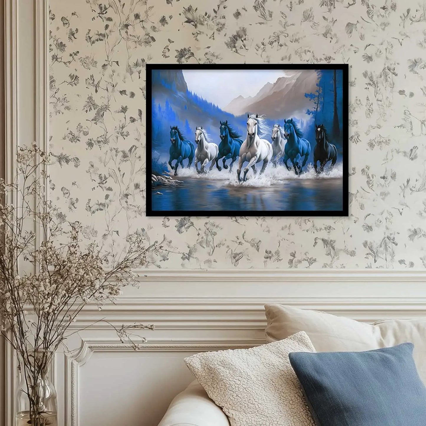 Seven Running Vastu Lucky Horse Theme Wall Posters with Frame