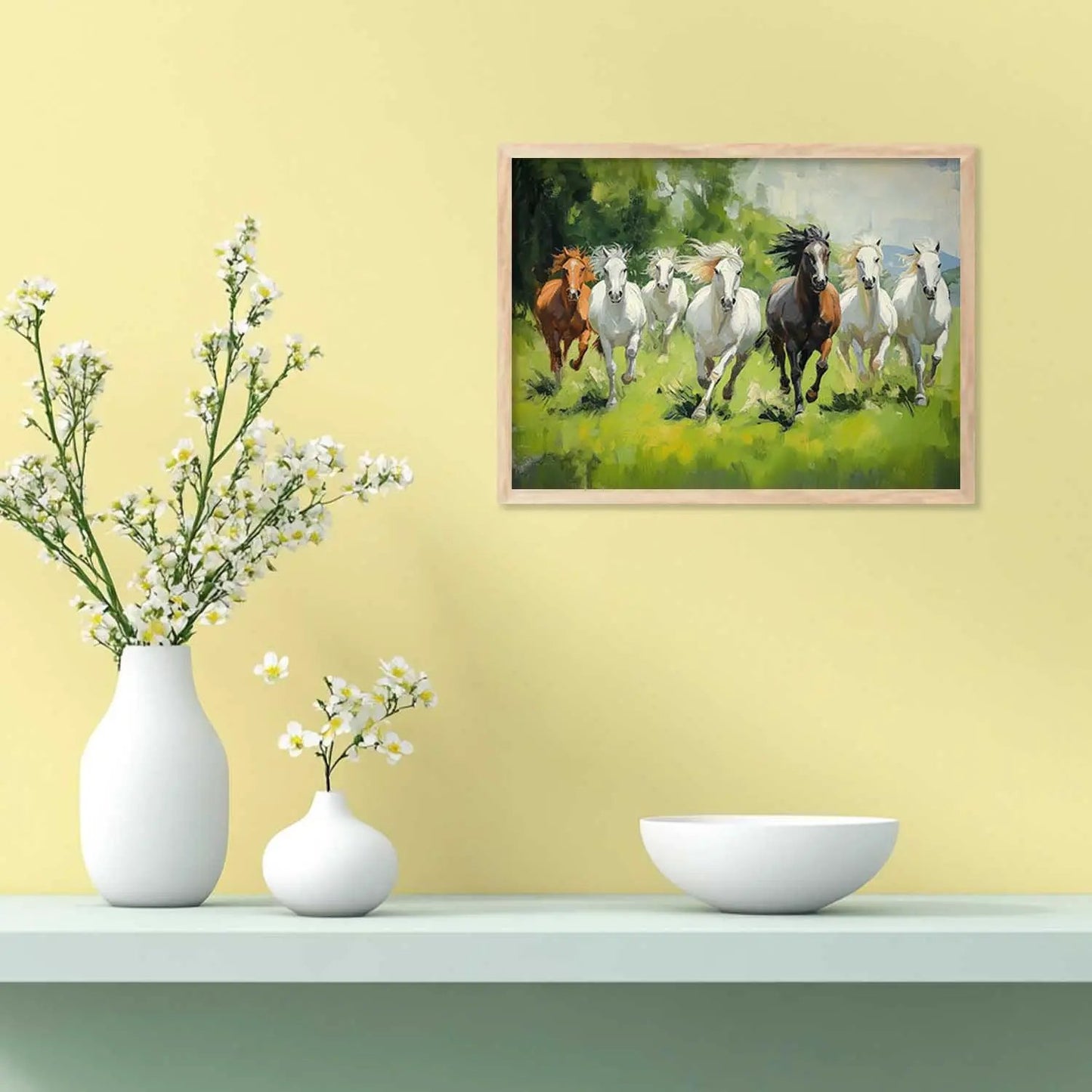 Seven Running Vastu Lucky Horse Theme Wall Posters with Frame