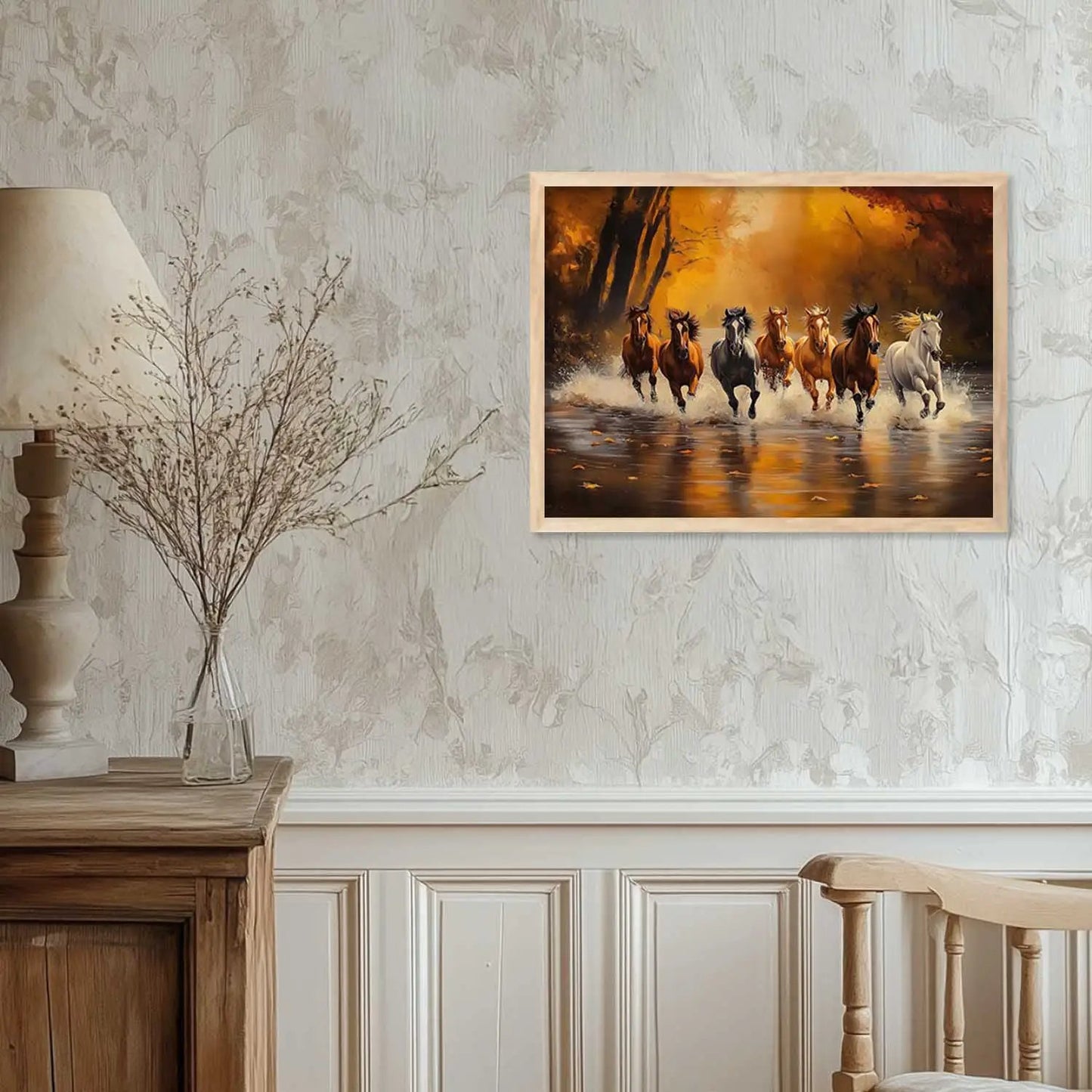 Seven Running Vastu Lucky Horse Theme Wall Posters with Frame