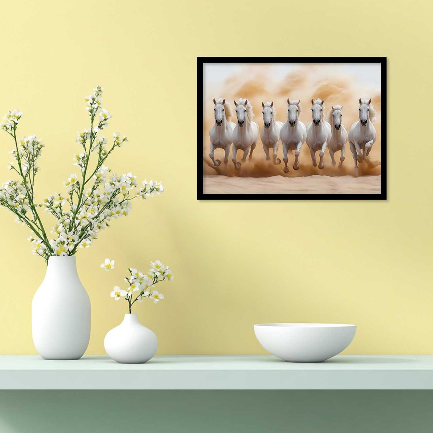 Seven Running Vastu Lucky Horse Theme Wall Posters with Frame