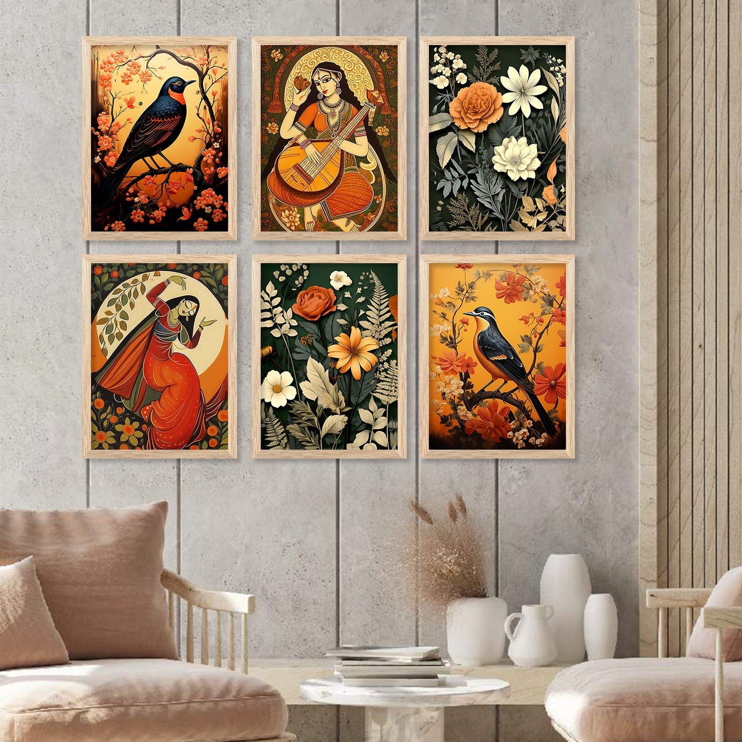 Traditional Indian Inspired Madhubani Art Paintings with Frame for Living Room Bedroom Home and Office Wall Decor Set of 6-Kotart