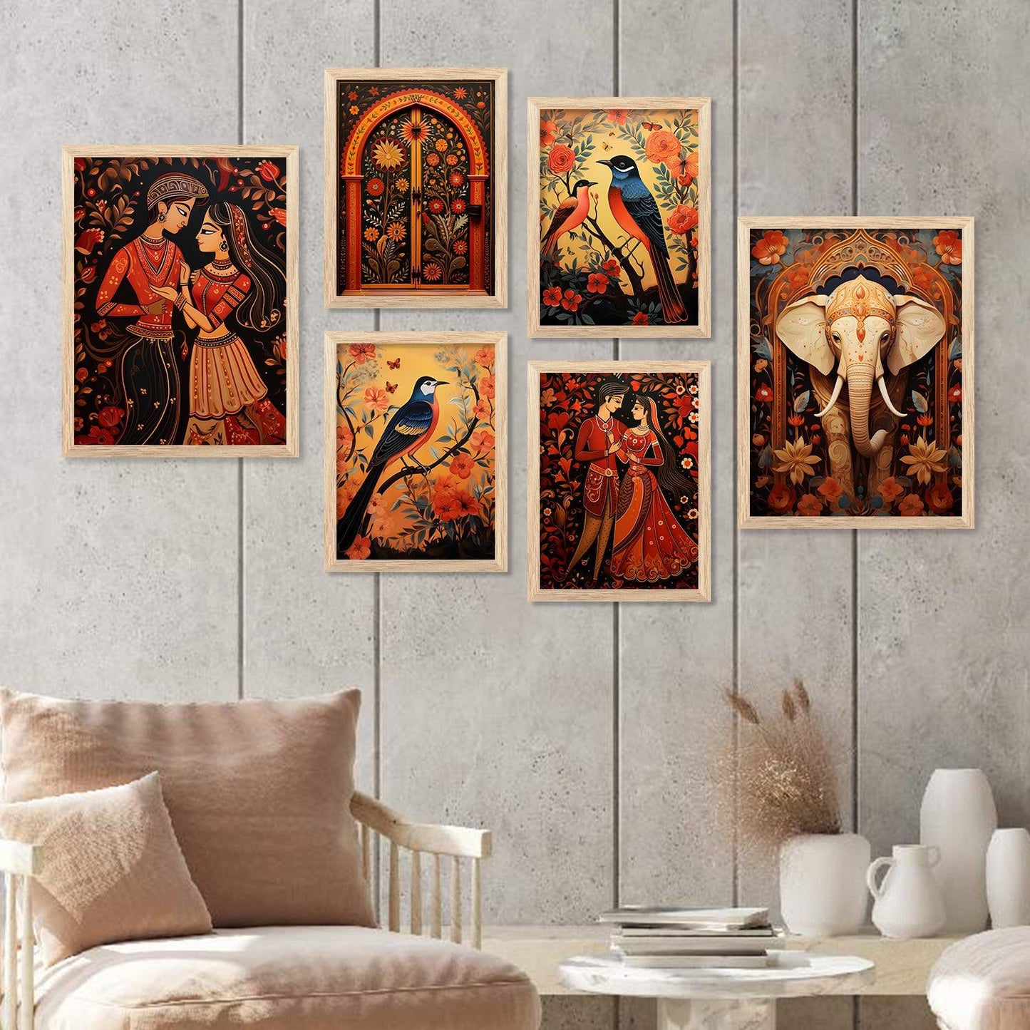 Traditional Indian Inspired Madhubani Art Paintings with Frame for Living Room Bedroom Home and Office Wall Decor Set of 6-Kotart