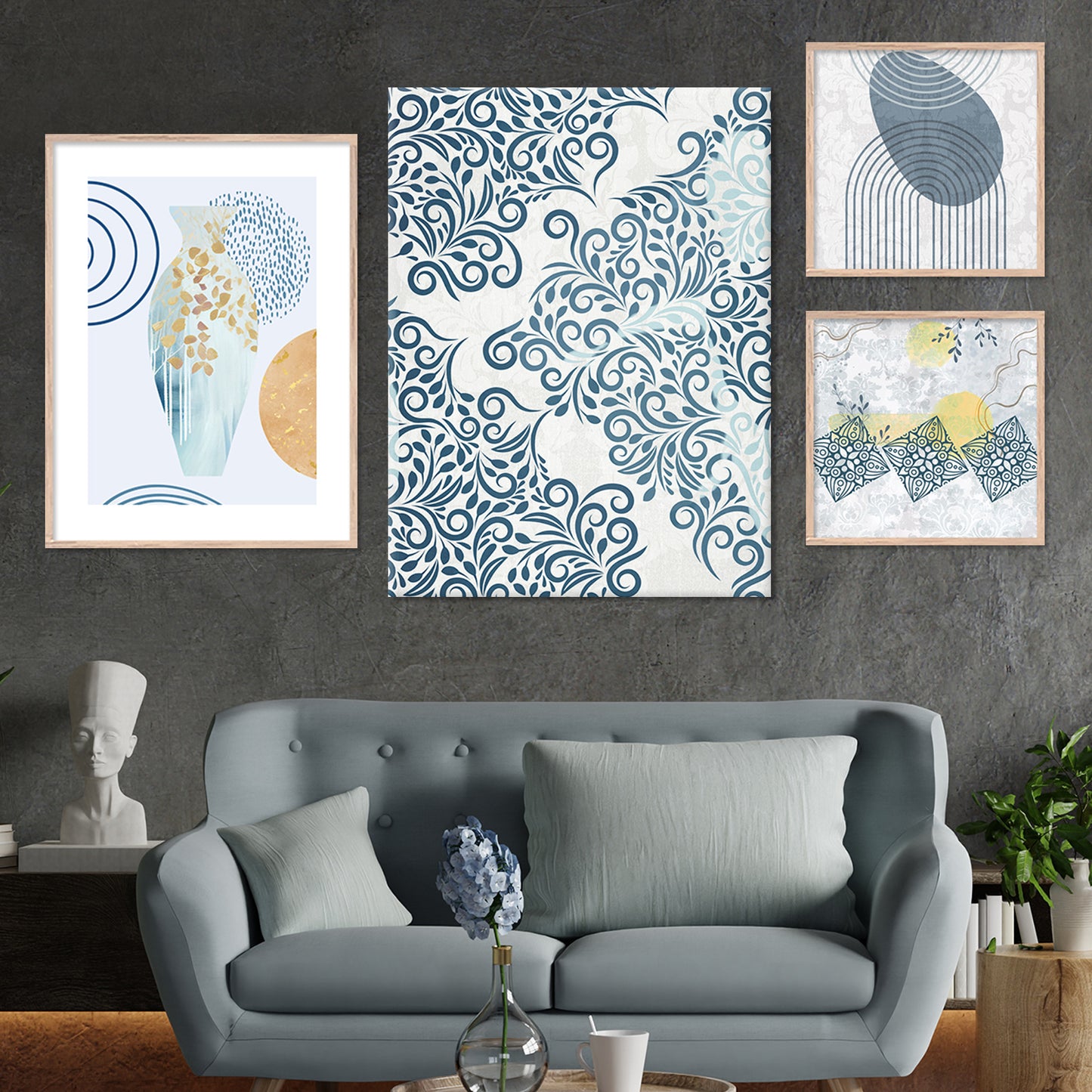 Aesthetic Pastel Blue Color Modern Art Wall Decor Paintings with Frame for Home Decoratior-Kotart