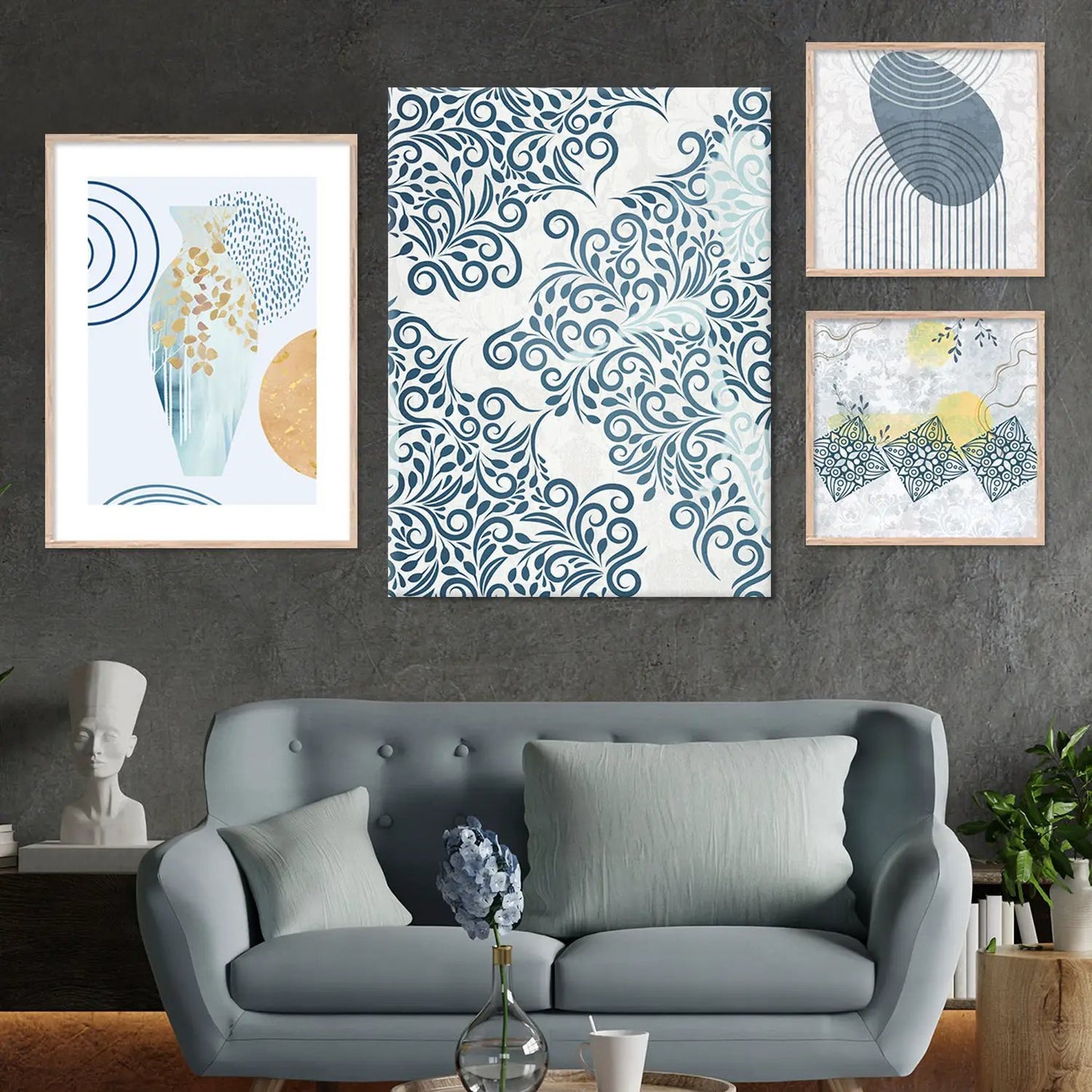 Aesthetic Pastel Blue Color Modern Art Wall Decor Paintings with Frame for Home Decoratior-Kotart