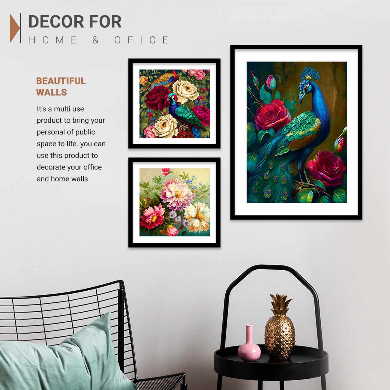 Floral Paintings with Frame for Living Room Wall Decor - Vibrant Peacock Framed Posters-Kotart