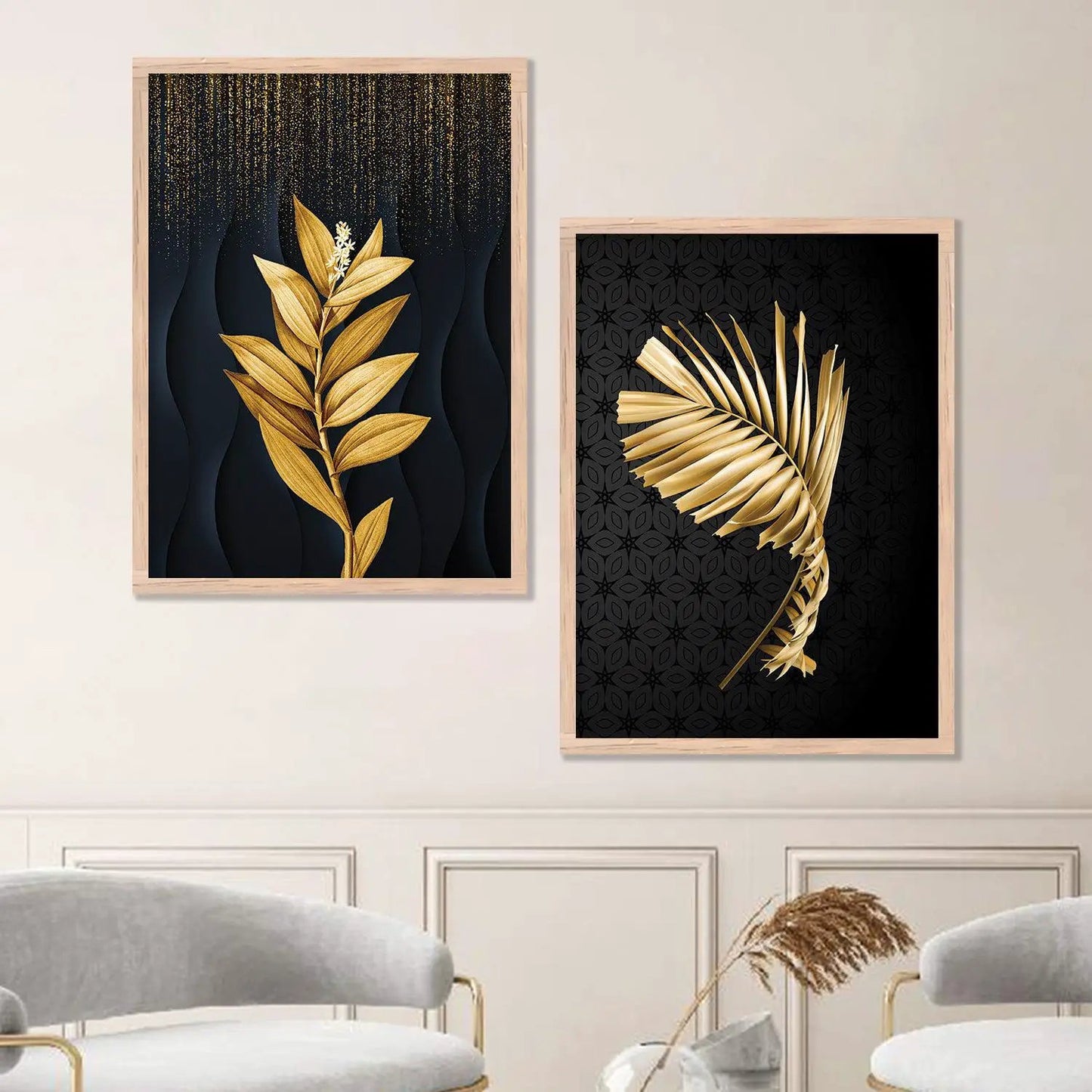 Golden Leafy Magic - Nature Inspired Luxury Golden Wall Frame Set-Kotart