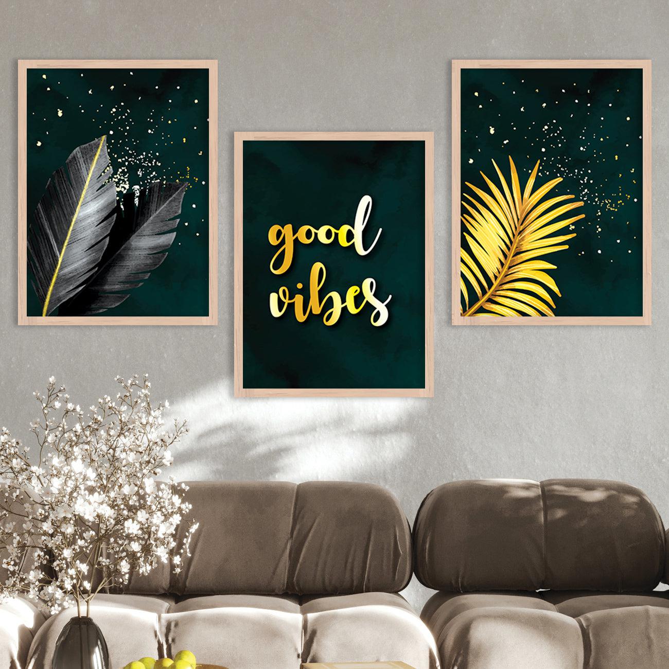 Good Vibes Nature Inspired Golden Leaf Wall Posters for Room Wall Decor : Black and Golden-Kotart