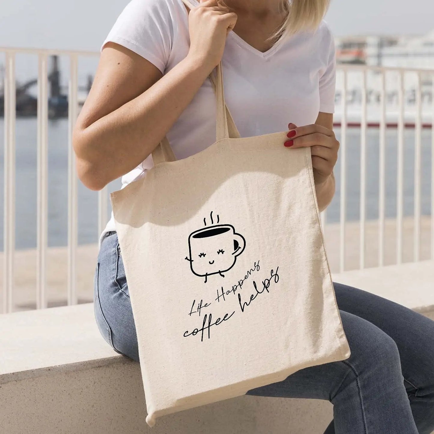 Kotart - Graphic Printed Cotton Tote Bag for Women - Reusable Cute Printed Shopping / Grocery Bag - Multipurpose Canvas Shopping Tote Bag with Long Handle - ( 15 x 16 inch , Natural Beige)-Kotart