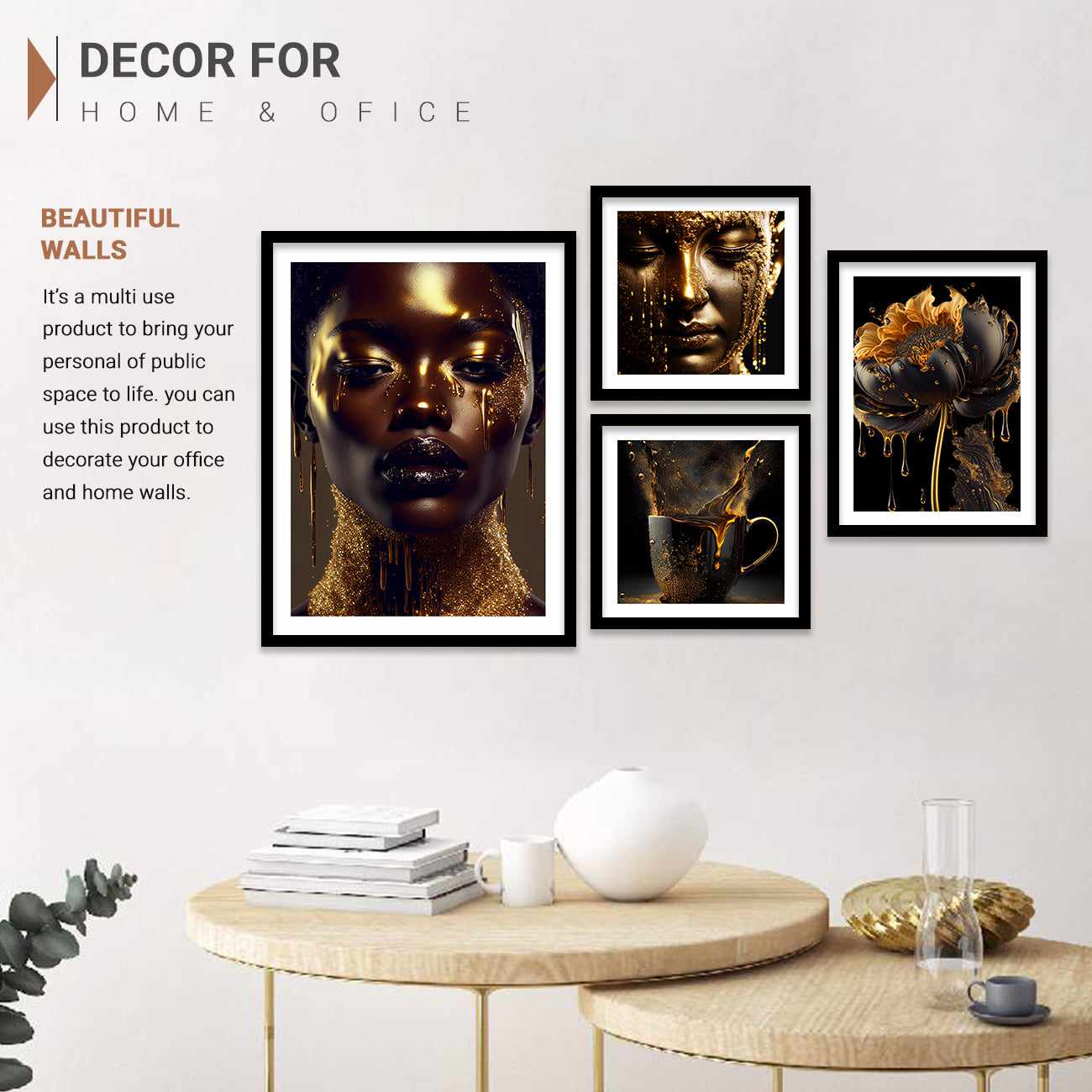 Luxury Gold Gallery Wall Posters Set with Frame - Golden Theme Paintings for Livinf Room Home Wall decor-Kotart