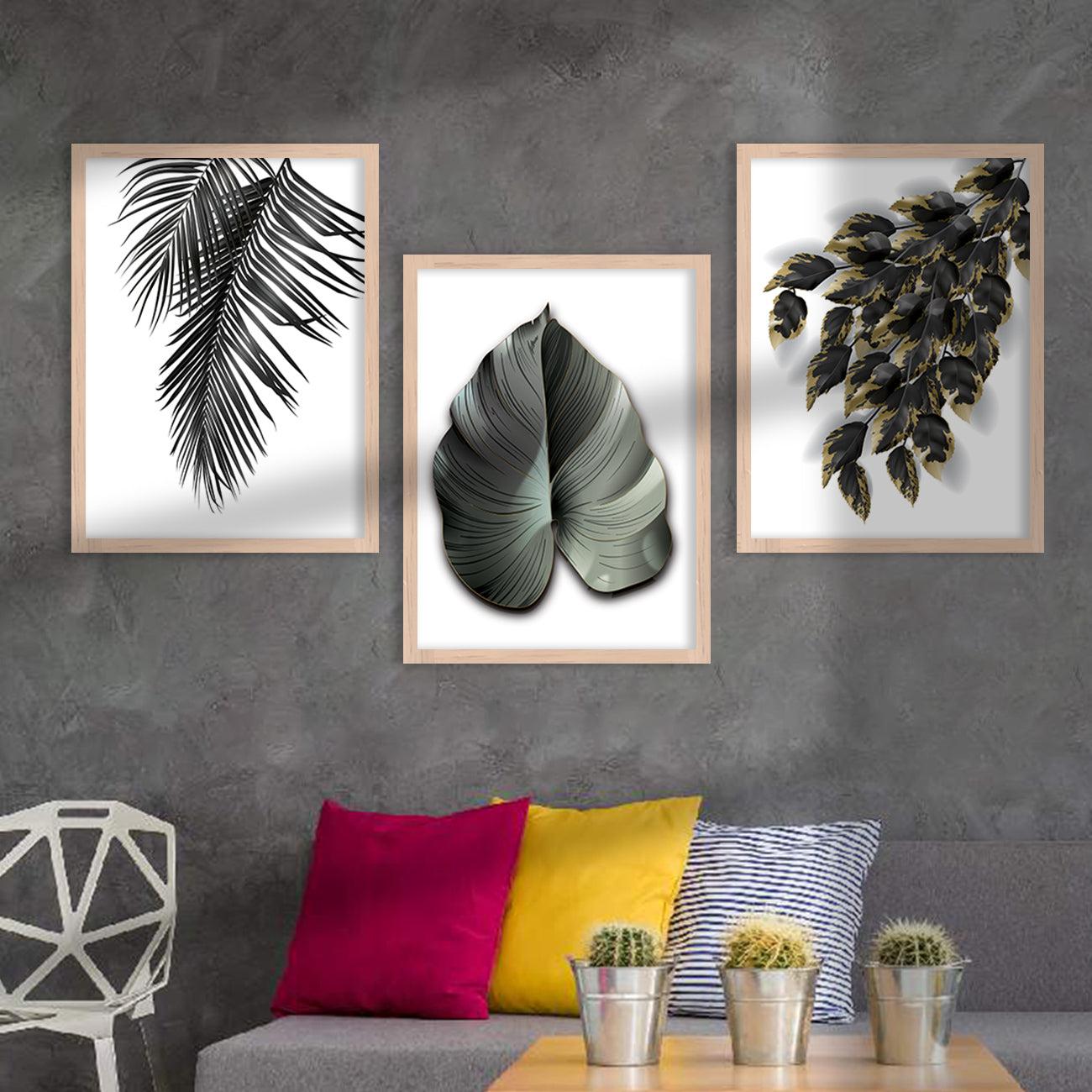 Nature Inspired Black Leaf Wall Posters for Room Wall Decor : Black and Golden-Kotart