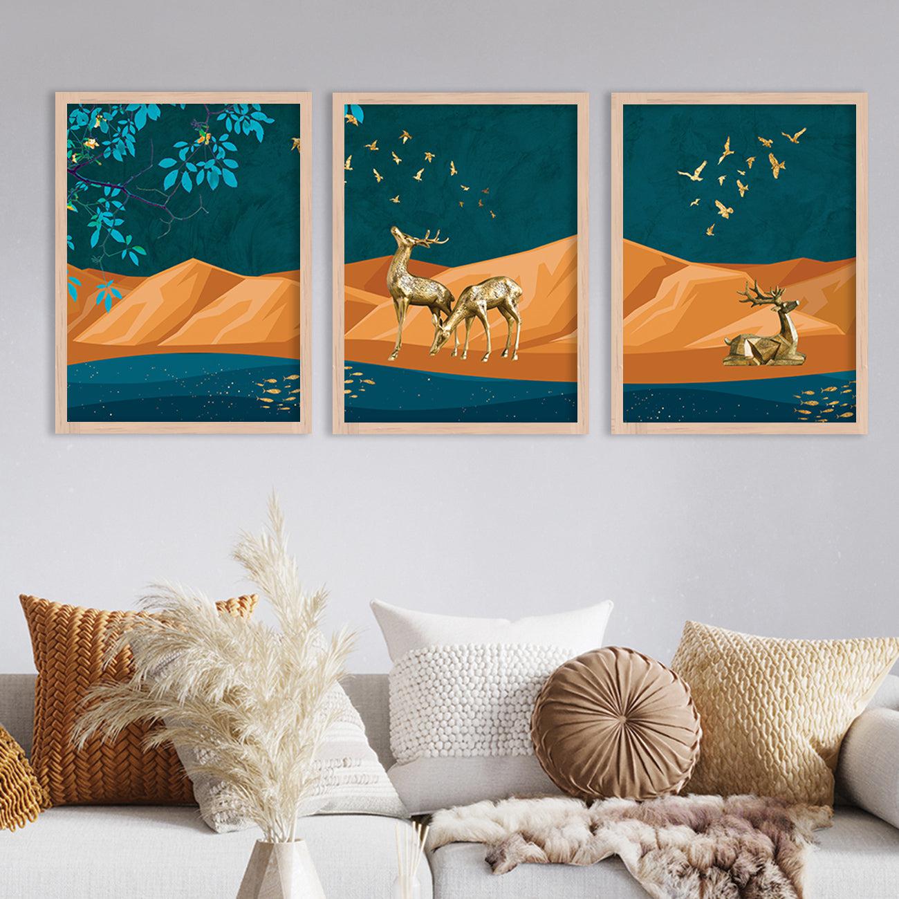 Nature Inspired Modern Abstract Framed Prints for Living Room Wall Decor : Deer in Forest-Kotart