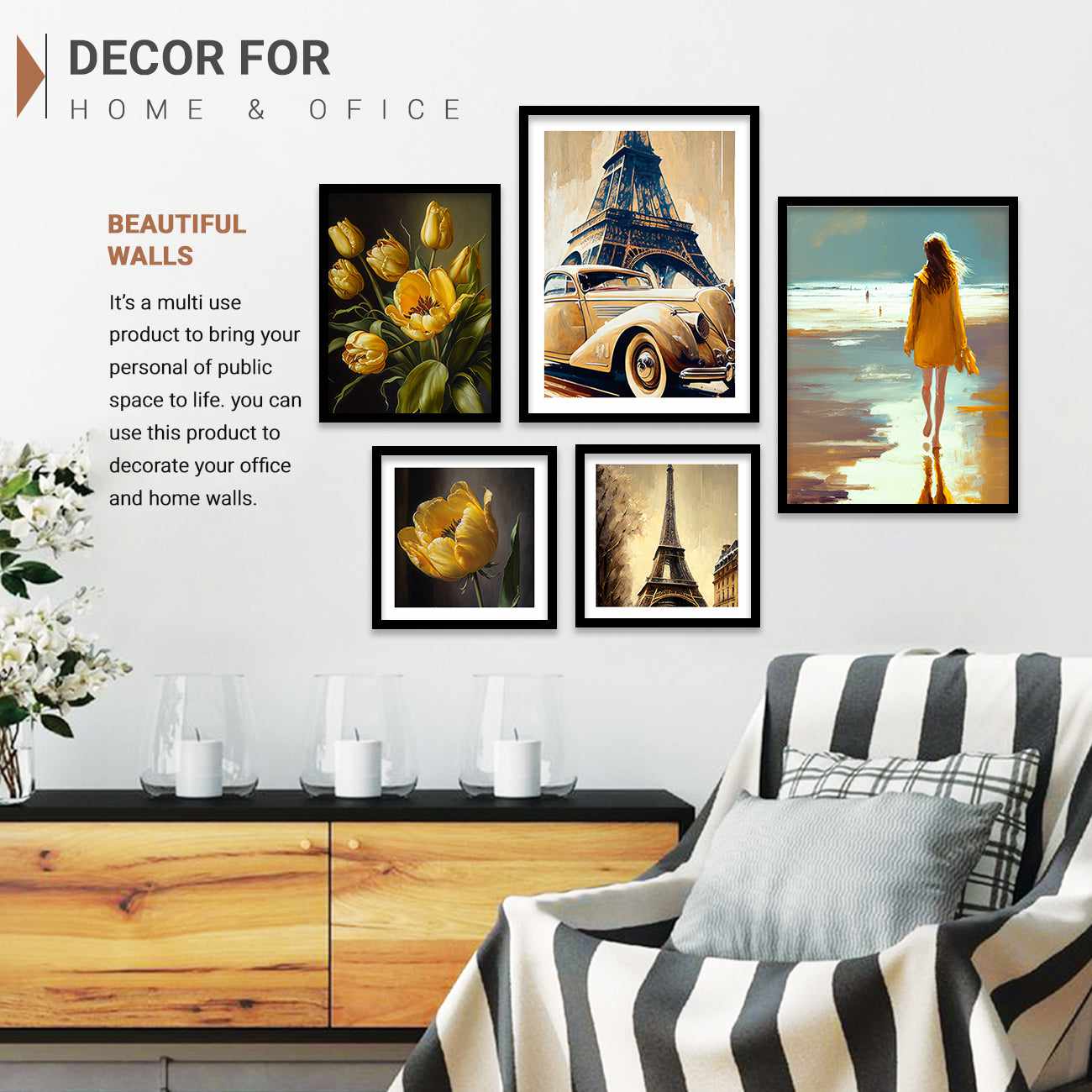 Travel Theme Gallery Wall Posters with Frame - Paris and Floral Painting with Frame-Kotart