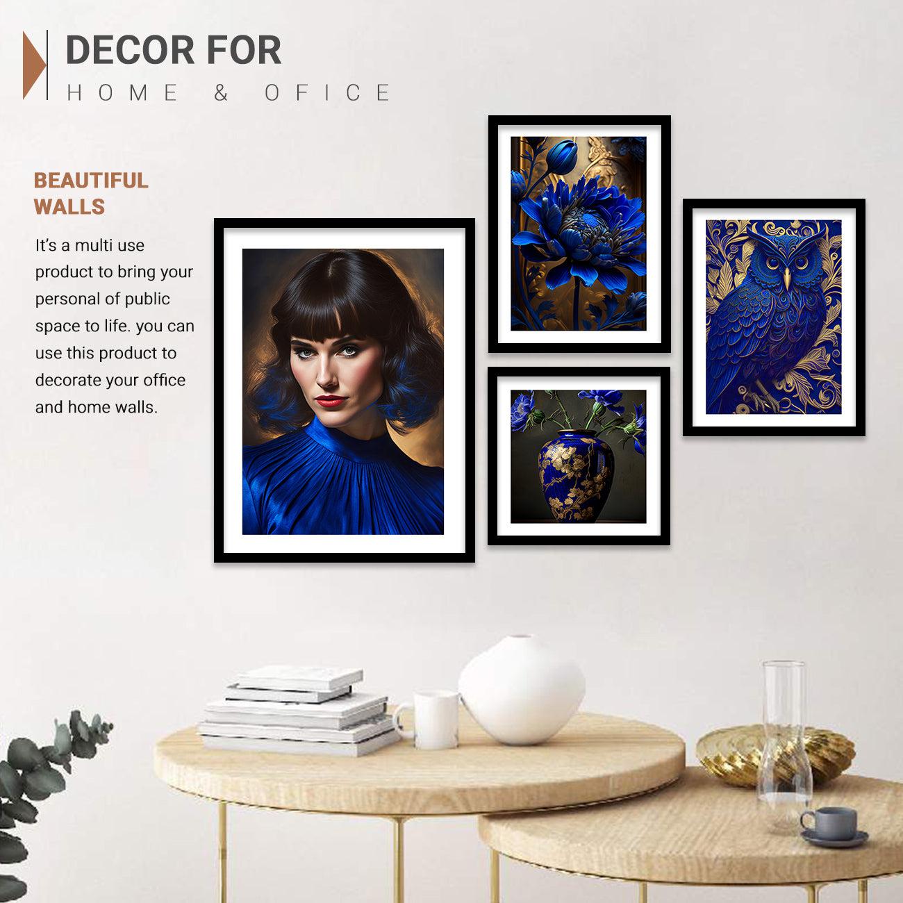 Vibrant Blue Modern Art Prints for Gallery Wall - Floral Paintings with Frame-Kotart