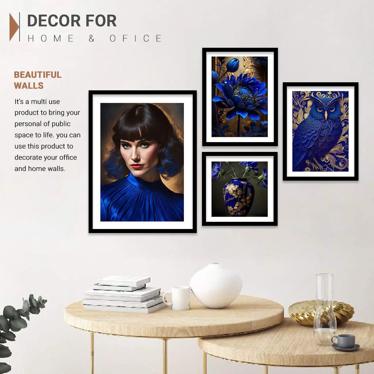 Vibrant Blue Modern Art Prints for Gallery Wall - Floral Paintings with Frame-Kotart
