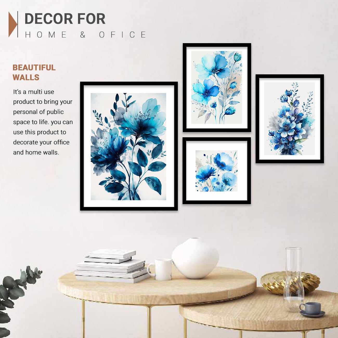 Watercolor Blue Floral Wall Posters with Frame for Living Room Wall Decor - Gallery Wall Art Set-Kotart