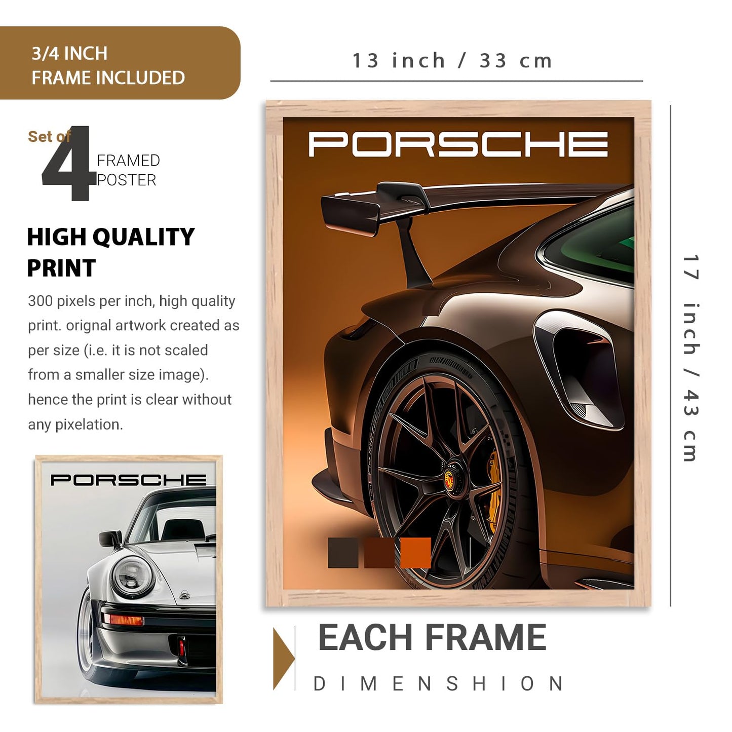 Big Porsche 911 gt Car Framed Posters Gift Items for Boys Room Wall Decoration Bedroom Living Room Studio | Car Poster Frame for Wall Décor Set Of 7 Size (10 x 13 inch,13 x17 inch)