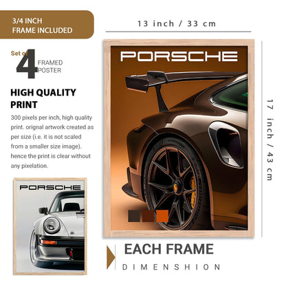 Big Porsche 911 gt Car Framed Posters Gift Items for Boys Room Wall Decoration Bedroom Living Room Studio | Car Poster Frame for Wall Décor Set Of 7 Size (10 x 13 inch,13 x17 inch)