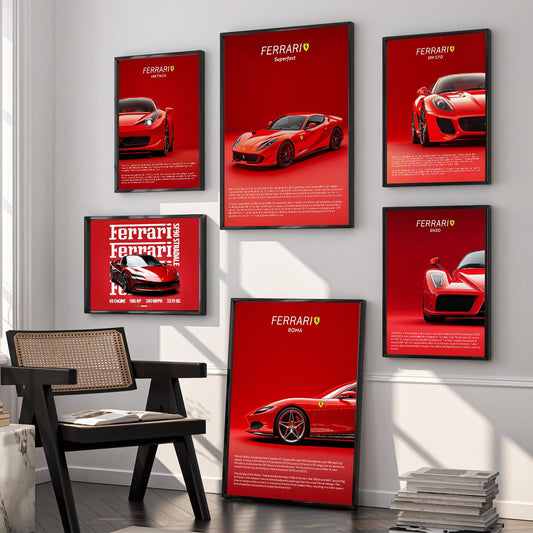 kotart Big Ferrari Car Framed Posters Gift Items for Boys Room Wall Decoration Bedroom Living Room Office Studio Décor | Car Poster Frame for Wall Décor Set Of 6 Size (10 x 13 inch,13 x17 inch)