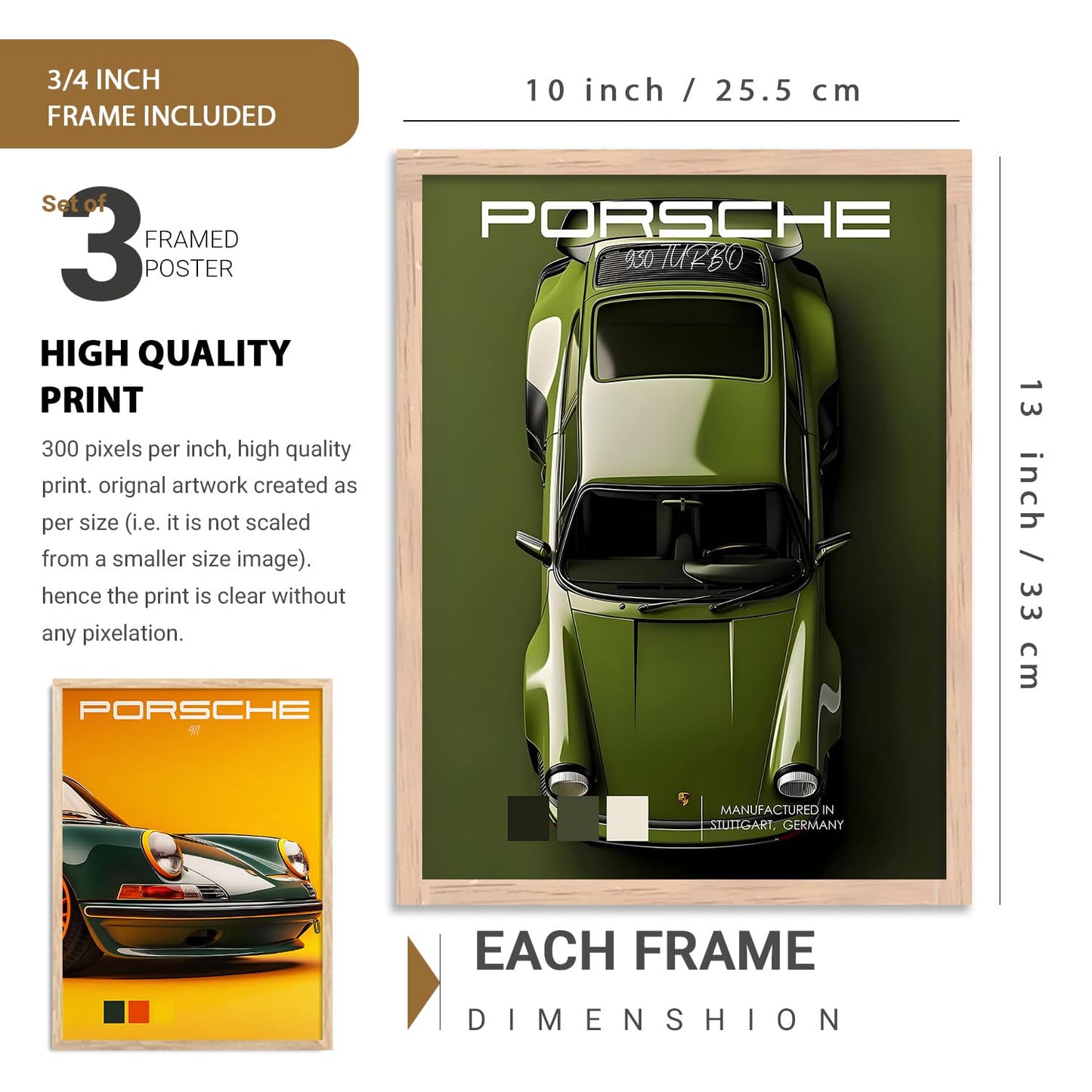 Big Porsche 911 gt Car Framed Posters Gift Items for Boys Room Wall Decoration Bedroom Living Room Studio | Car Poster Frame for Wall Décor Set Of 7 Size (10 x 13 inch,13 x17 inch)