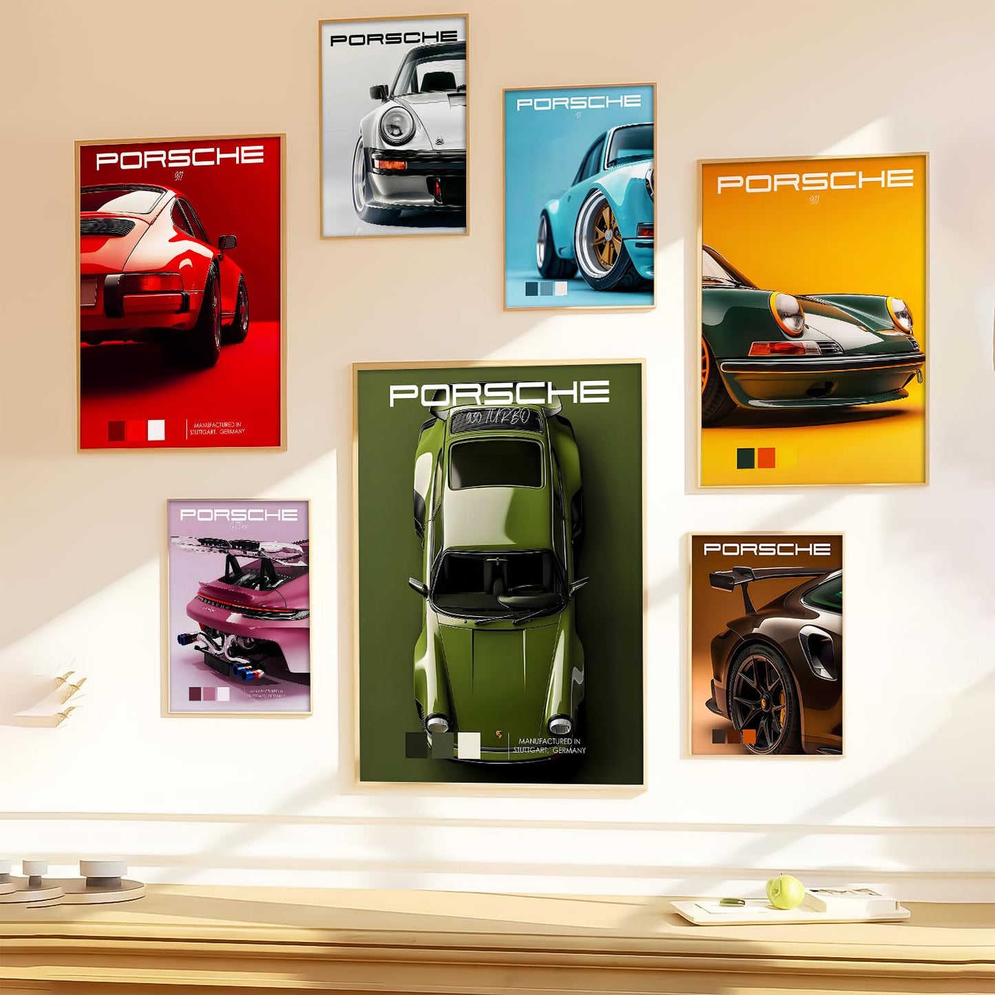 Big Porsche 911 gt Car Framed Posters Gift Items for Boys Room Wall Decoration Bedroom Living Room Studio | Car Poster Frame for Wall Décor Set Of 7 Size (10 x 13 inch,13 x17 inch)