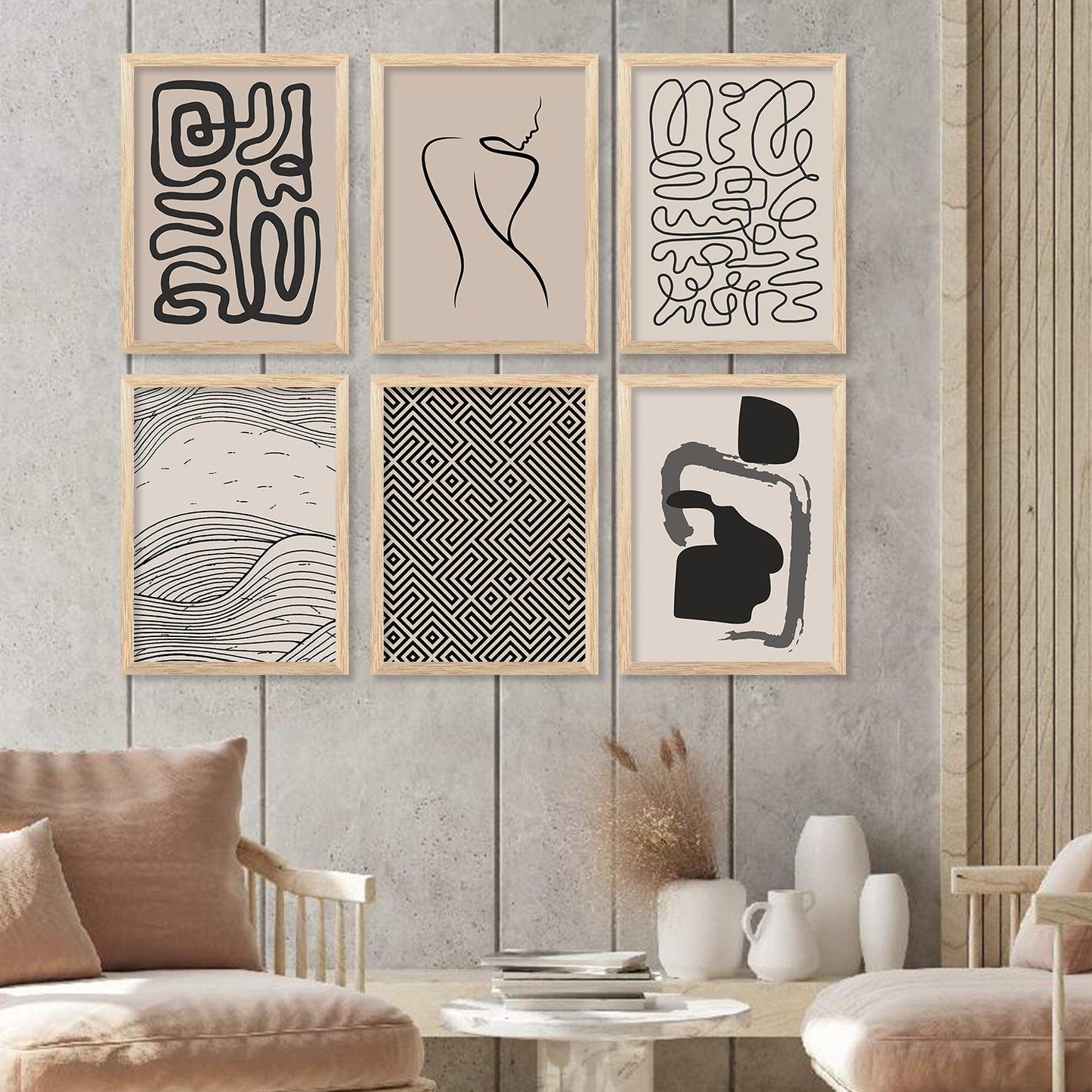 Boho Wall Art Paintings with Frame for Living Room Bedroom Home and Office Wall Decor Set of 6-Kotart